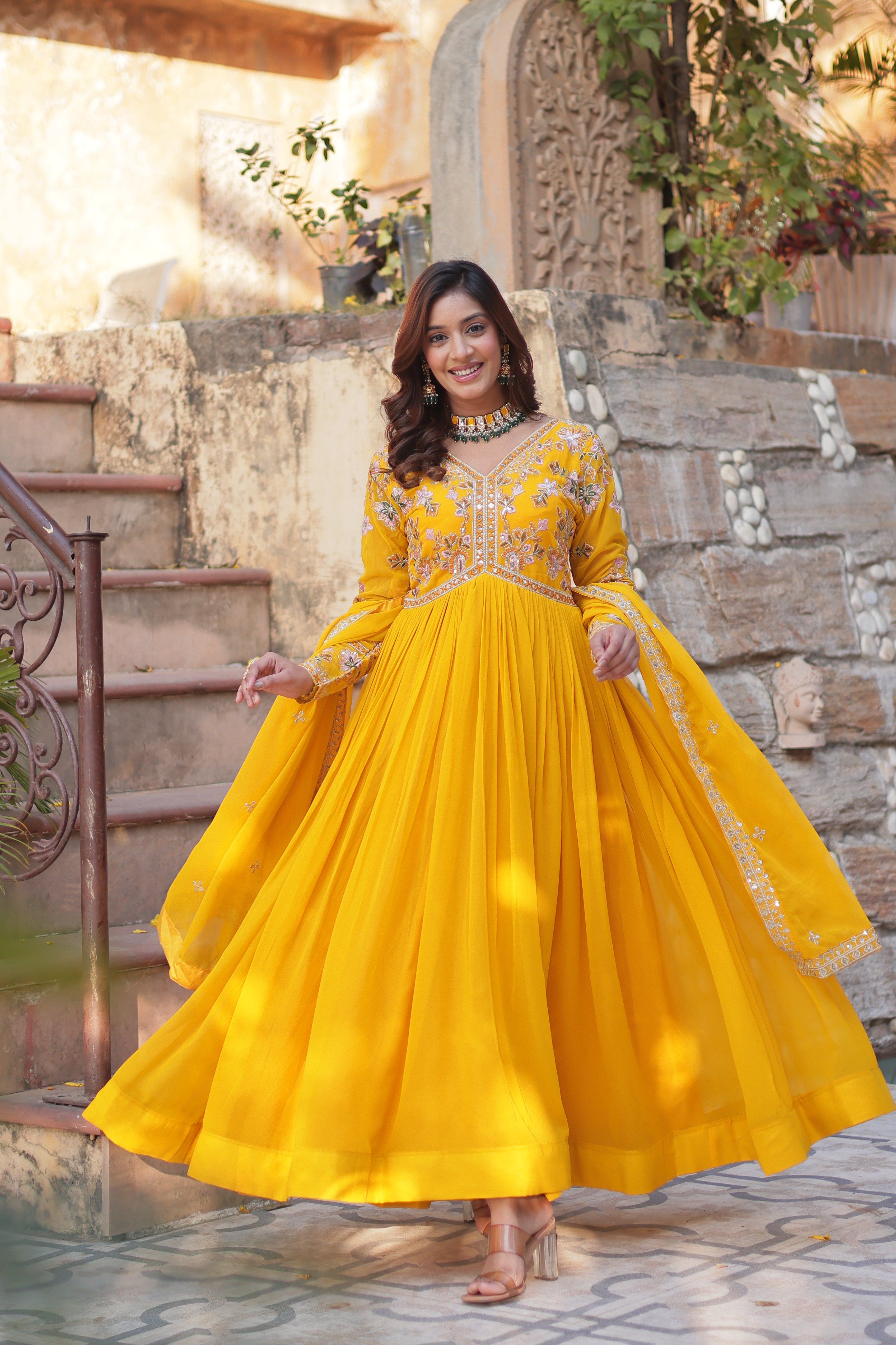 Women’s Yellow Georgette Gown – Elegant Designer Party Wear