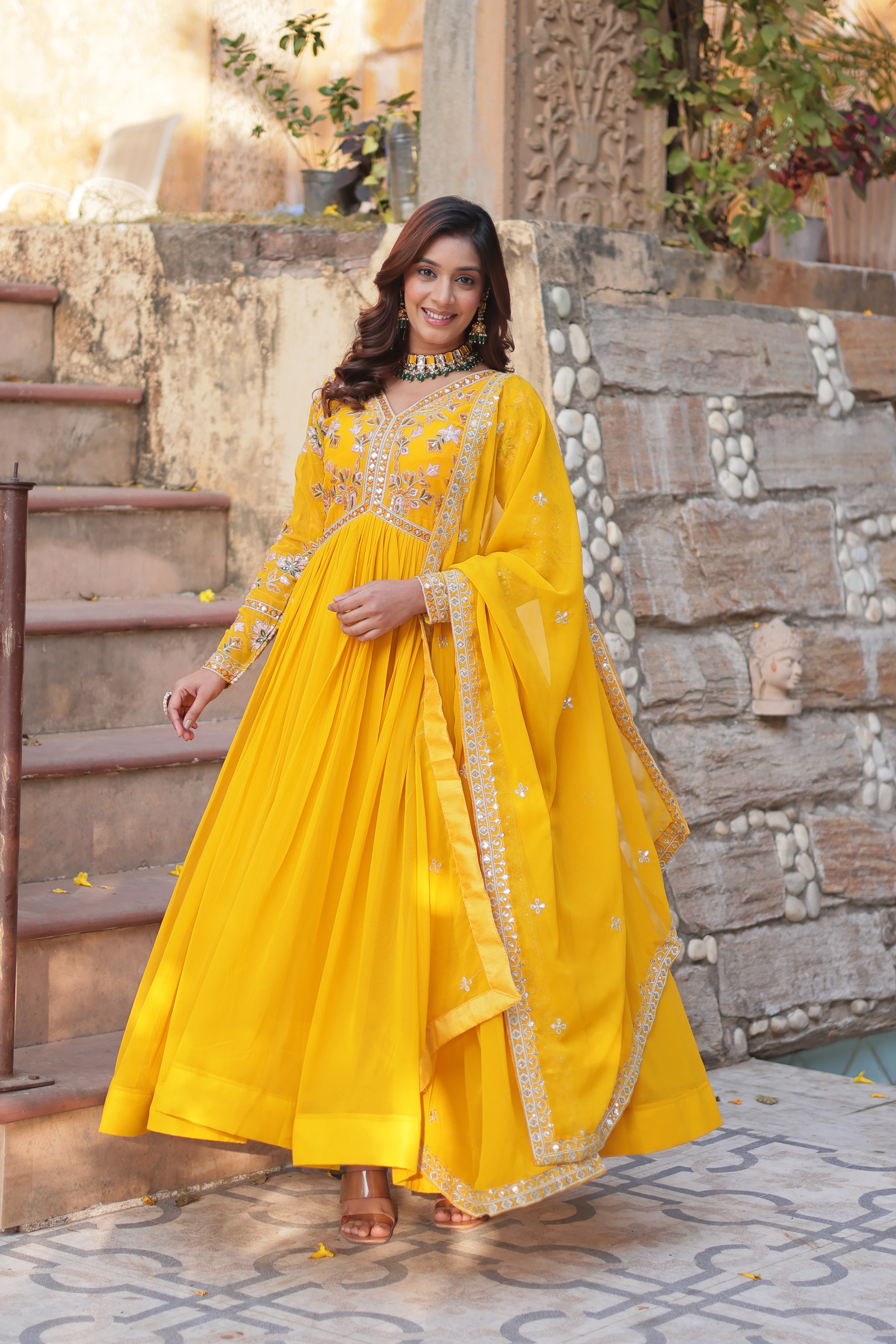 Women’s Yellow Georgette Gown – Elegant Designer Party Wear