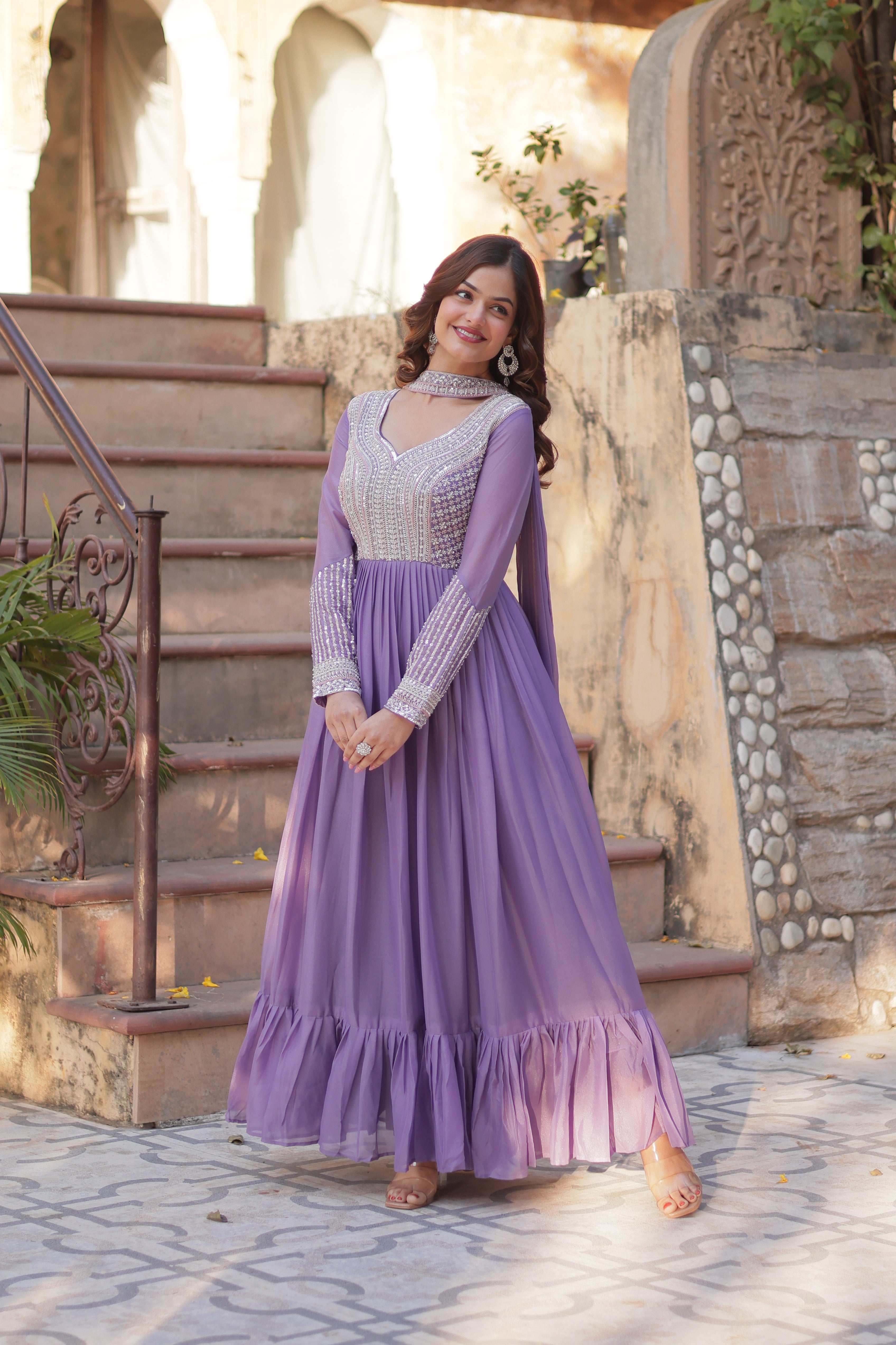 Women’s Lavender Georgette Gown – Elegant Designer Party Wear