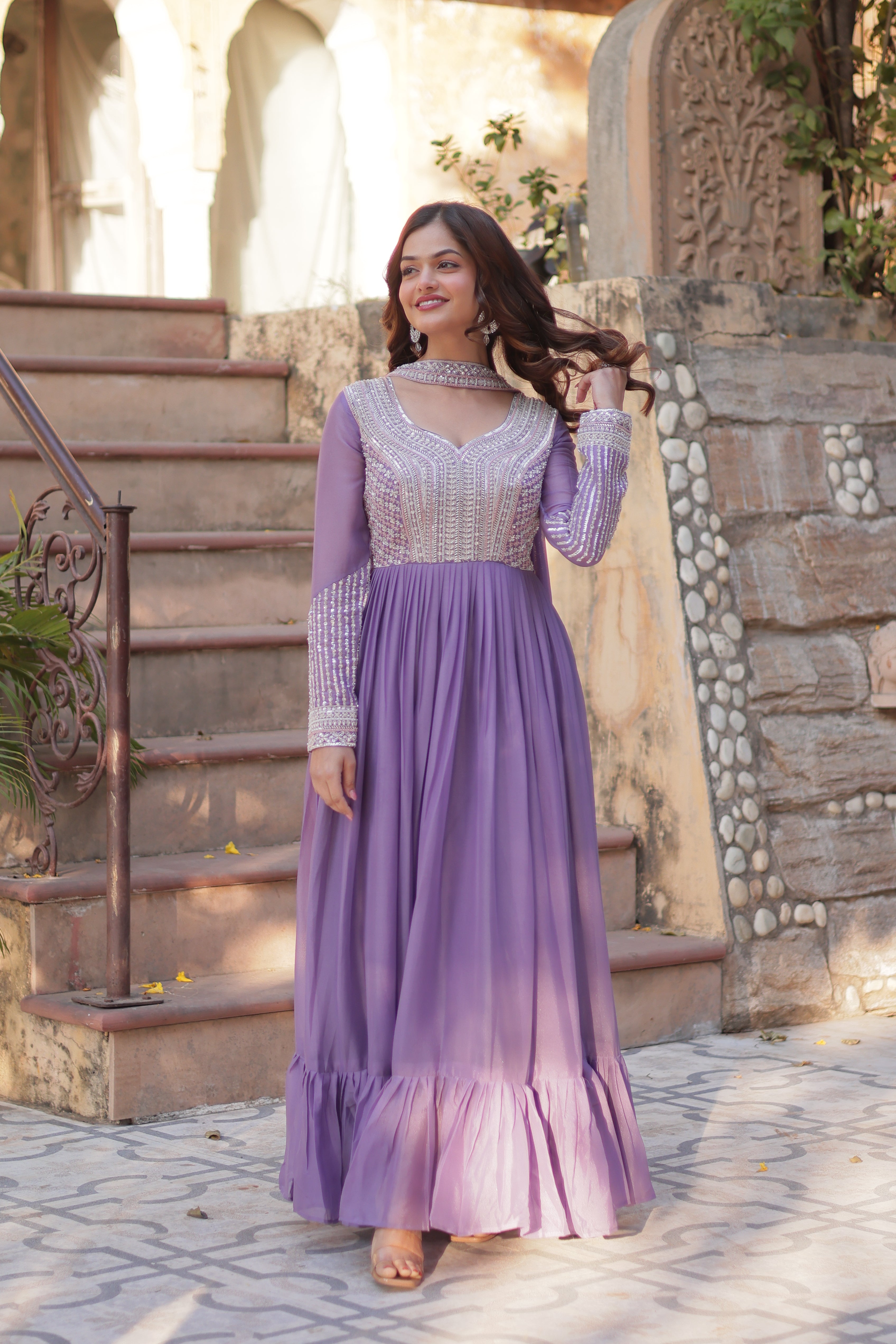 Women’s Lavender Georgette Gown – Elegant Designer Party Wear