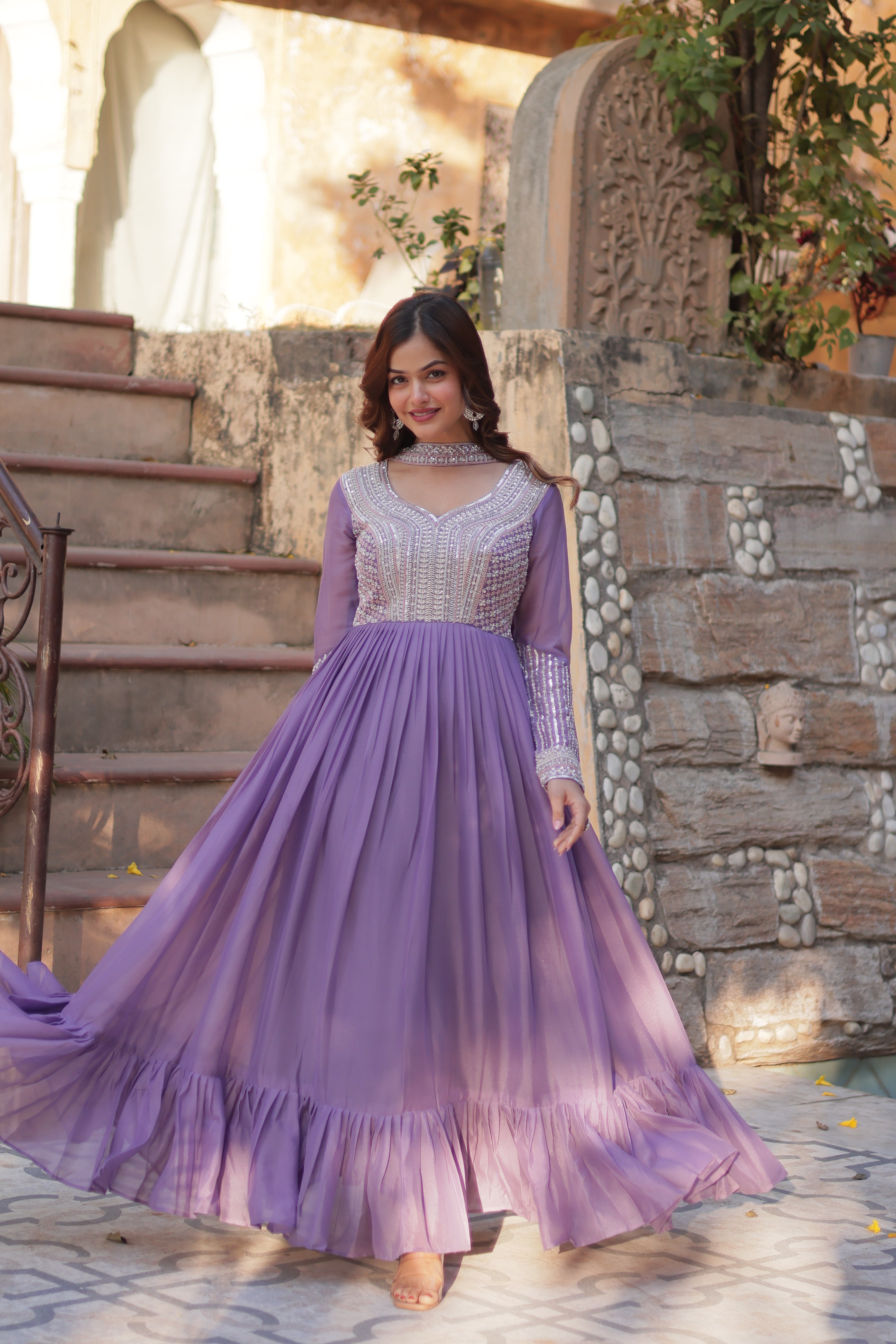 Women’s Lavender Georgette Gown – Elegant Designer Party Wear