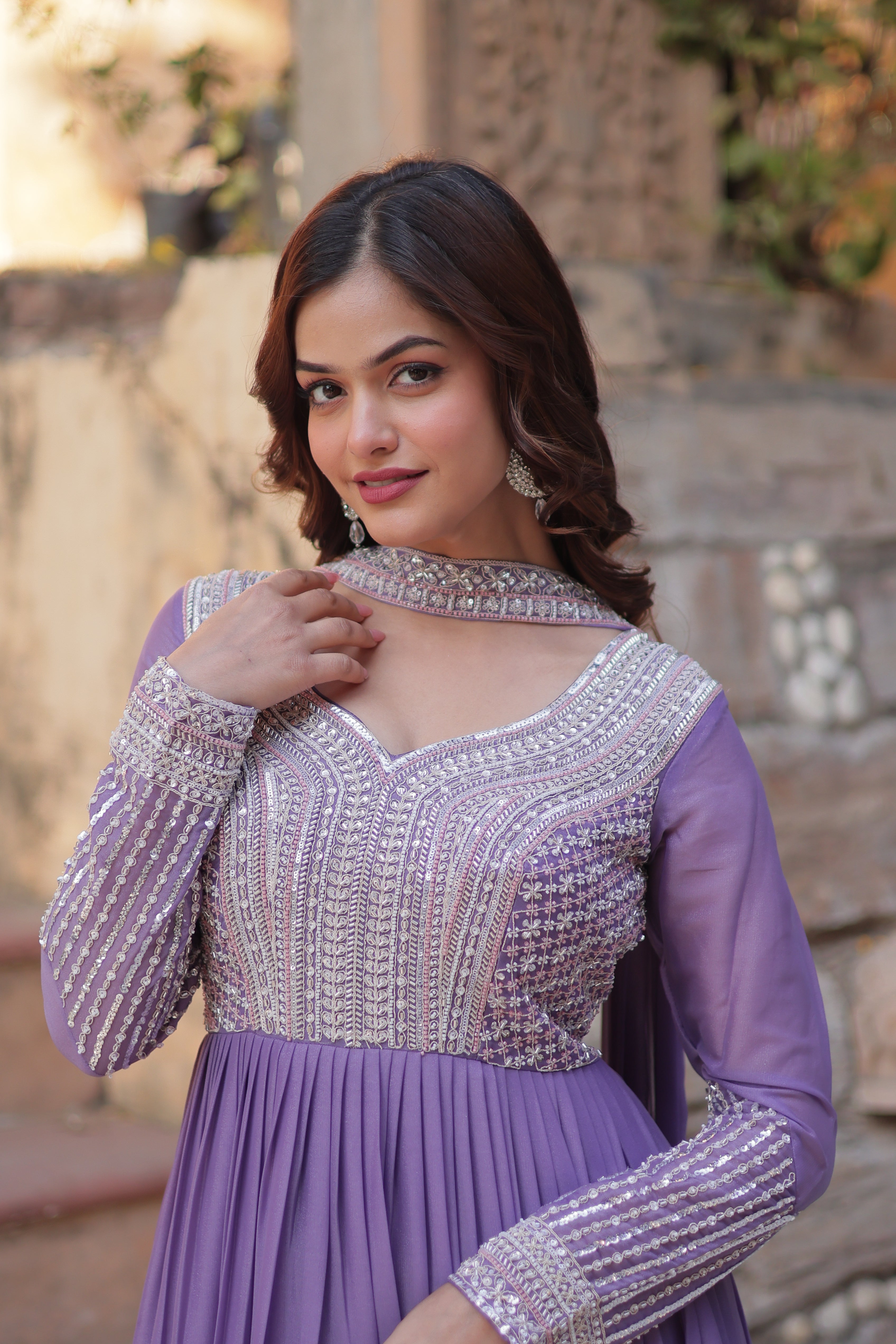Women’s Lavender Georgette Gown – Elegant Designer Party Wear