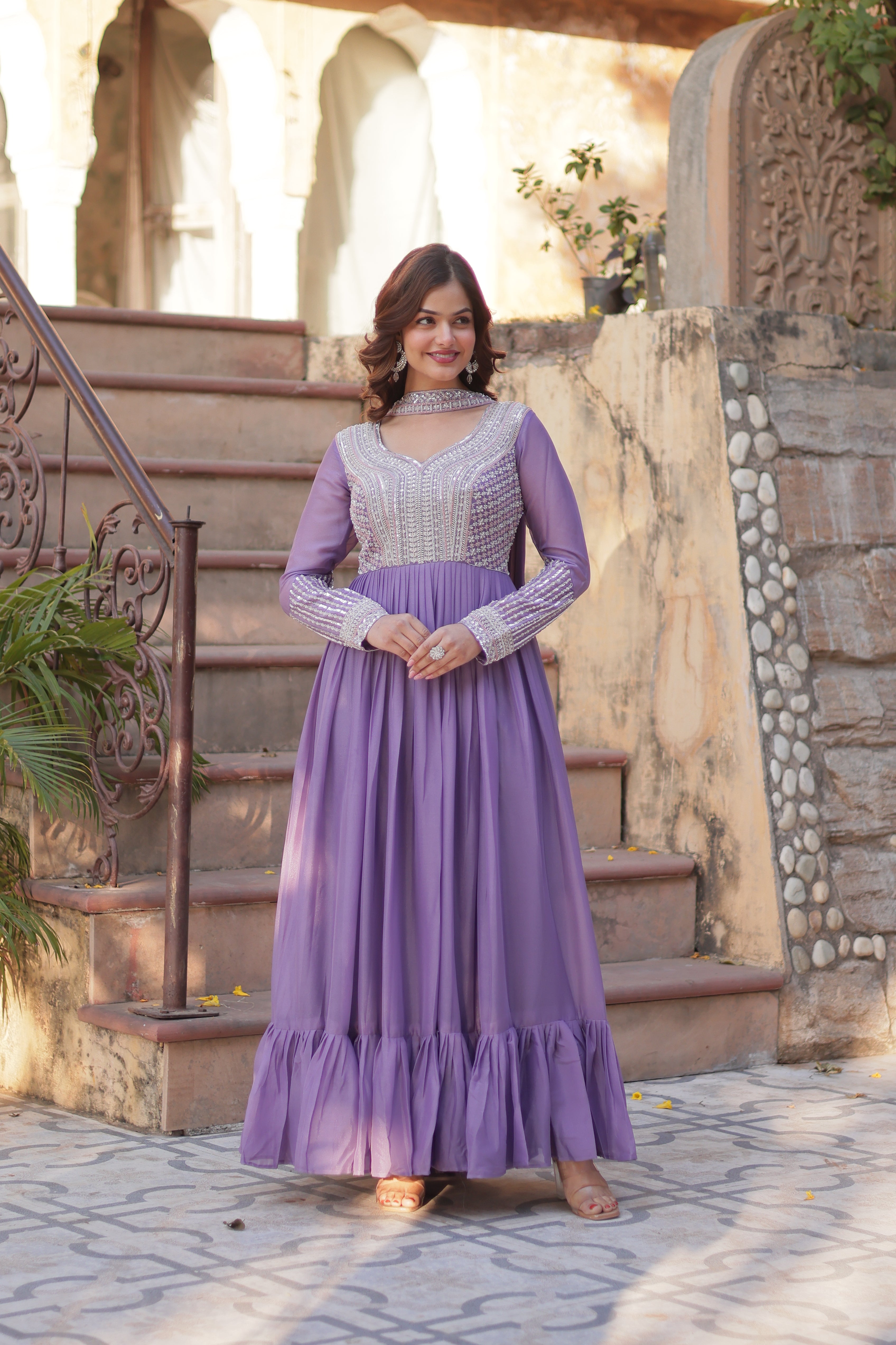 Women’s Lavender Georgette Gown – Elegant Designer Party Wear