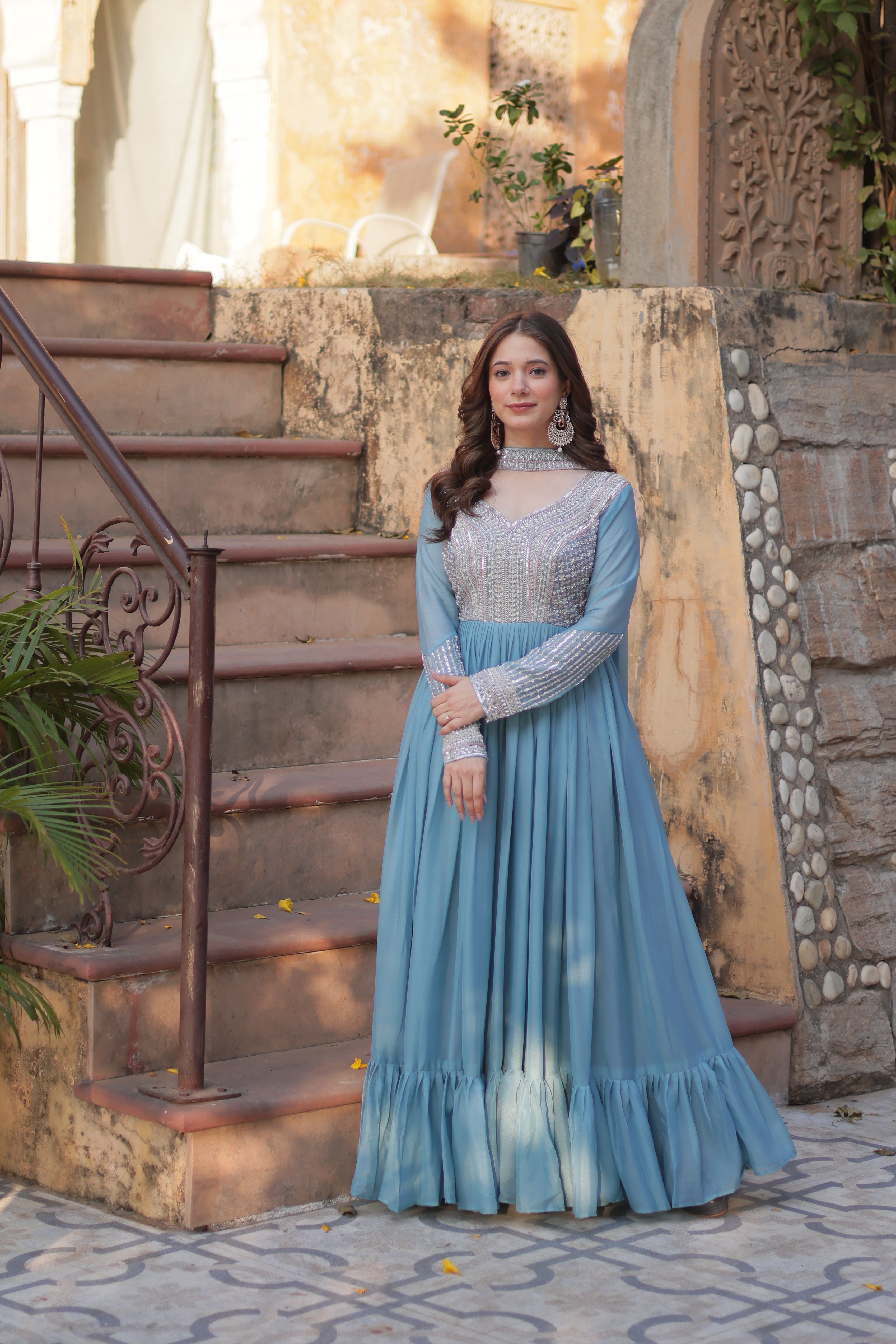 Women’s Sky Blue Georgette Gown – Elegant Designer Party Wear