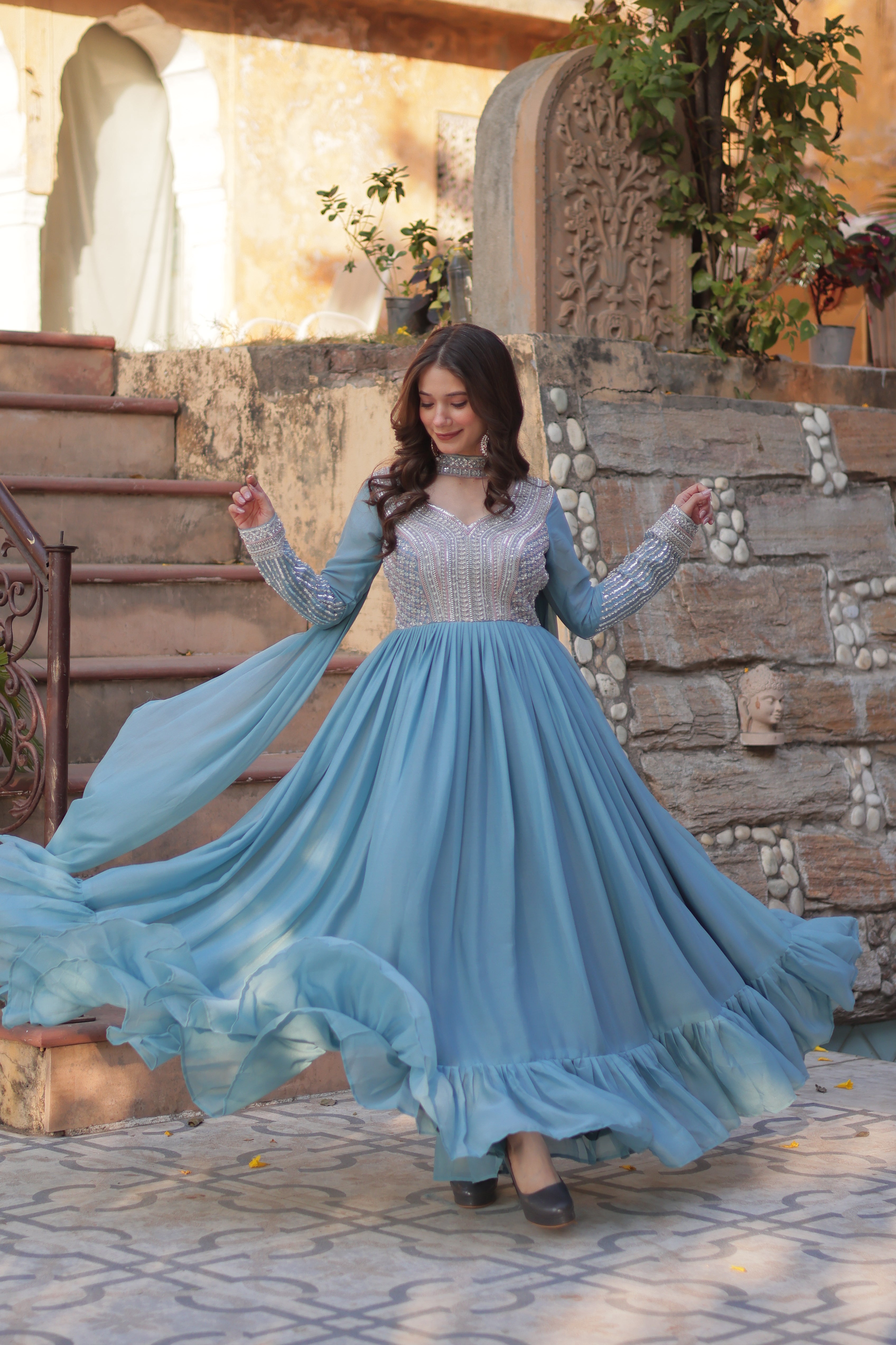Women’s Sky Blue Georgette Gown – Elegant Designer Party Wear