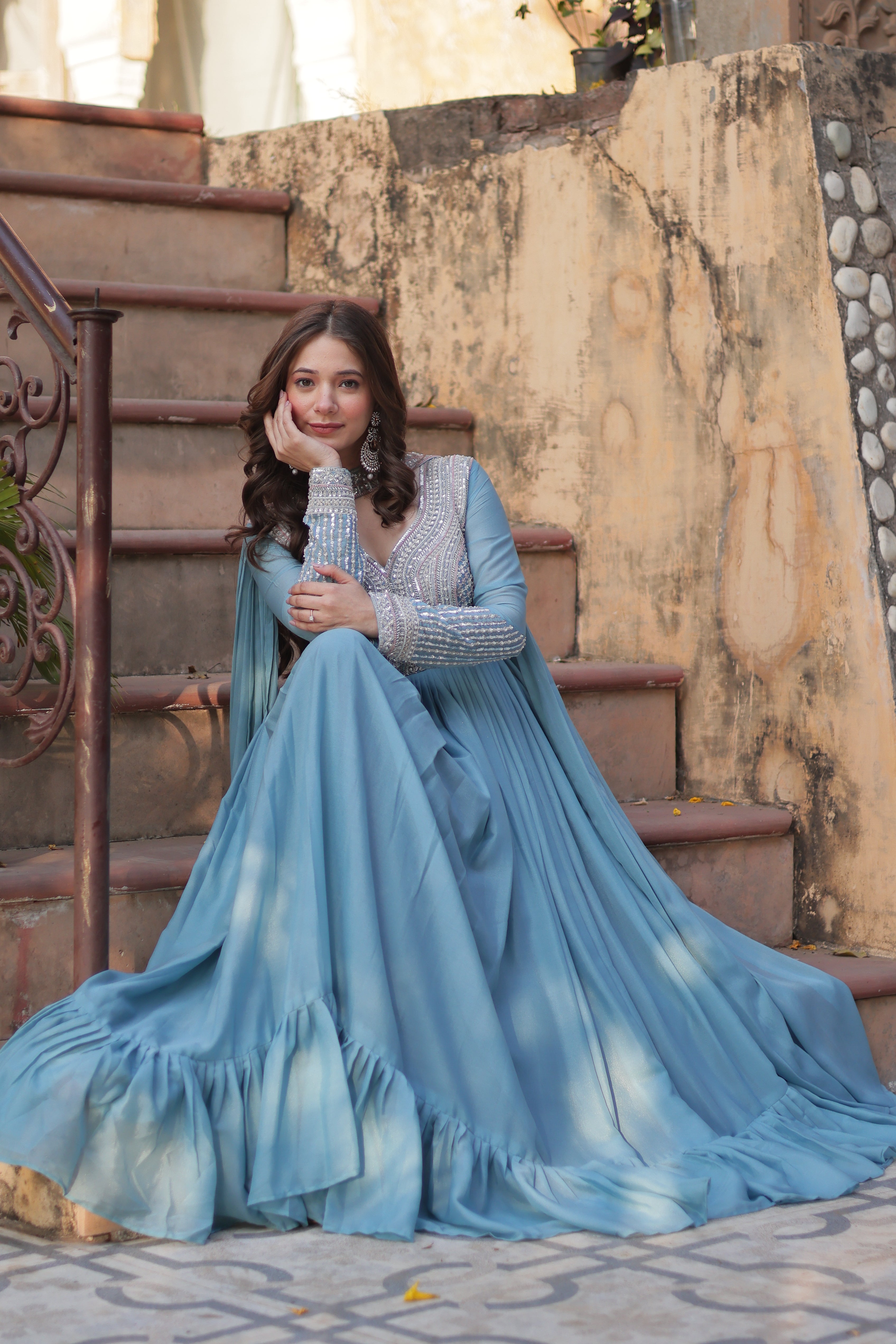 Women’s Sky Blue Georgette Gown – Elegant Designer Party Wear