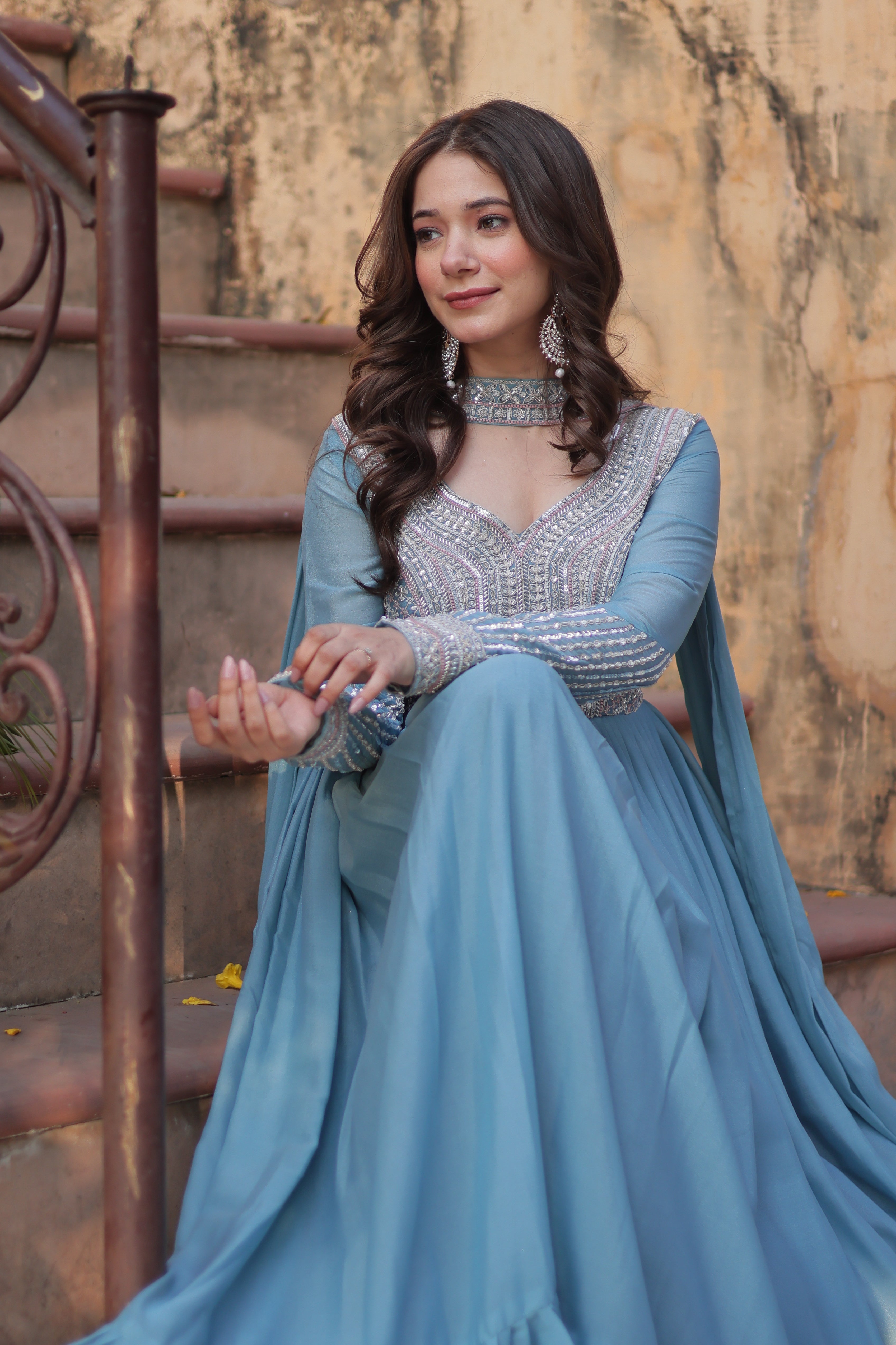Women’s Sky Blue Georgette Gown – Elegant Designer Party Wear