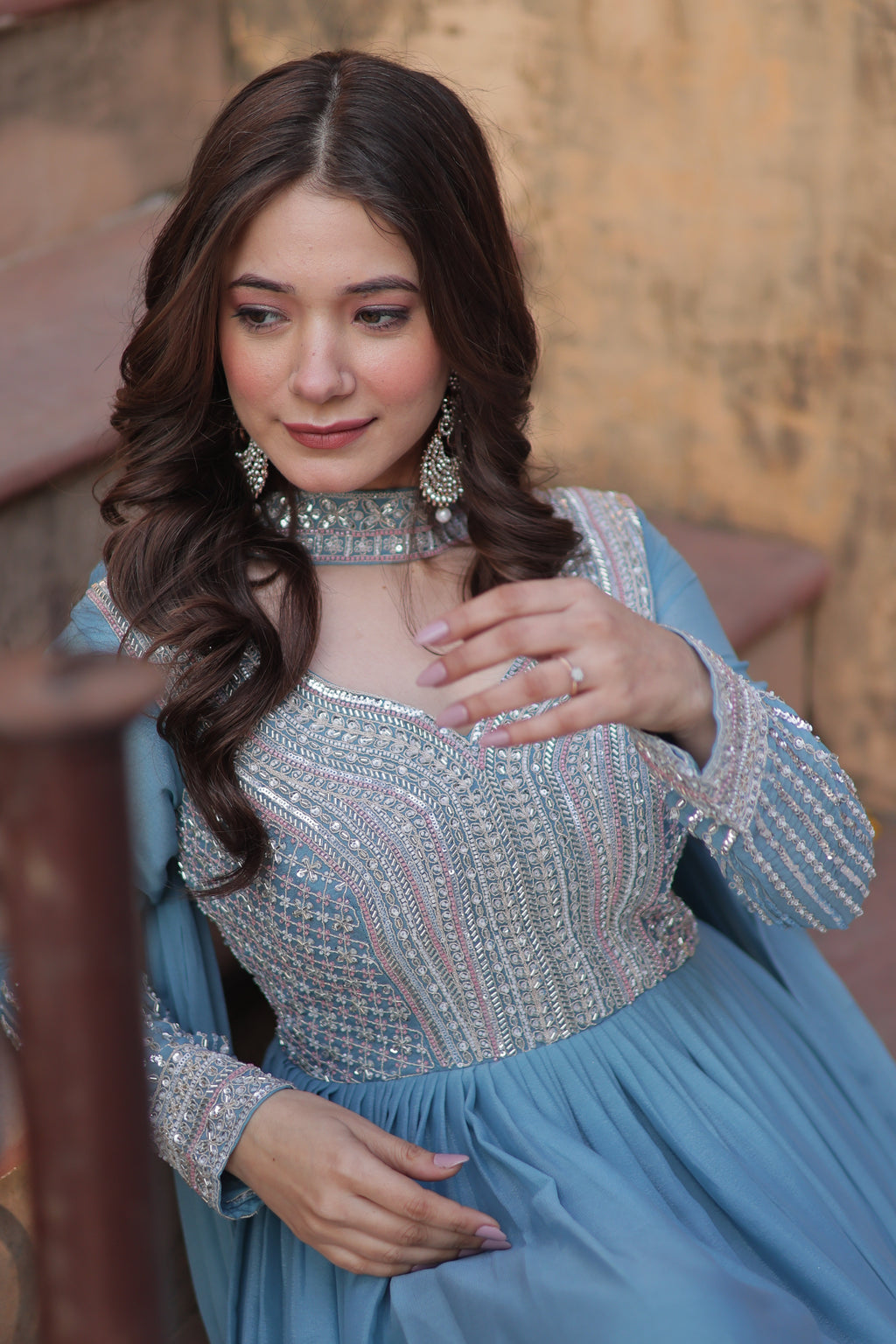 Women’s Sky Blue Georgette Gown – Elegant Designer Party Wear