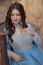 Women’s Sky Blue Georgette Gown – Elegant Designer Party Wear