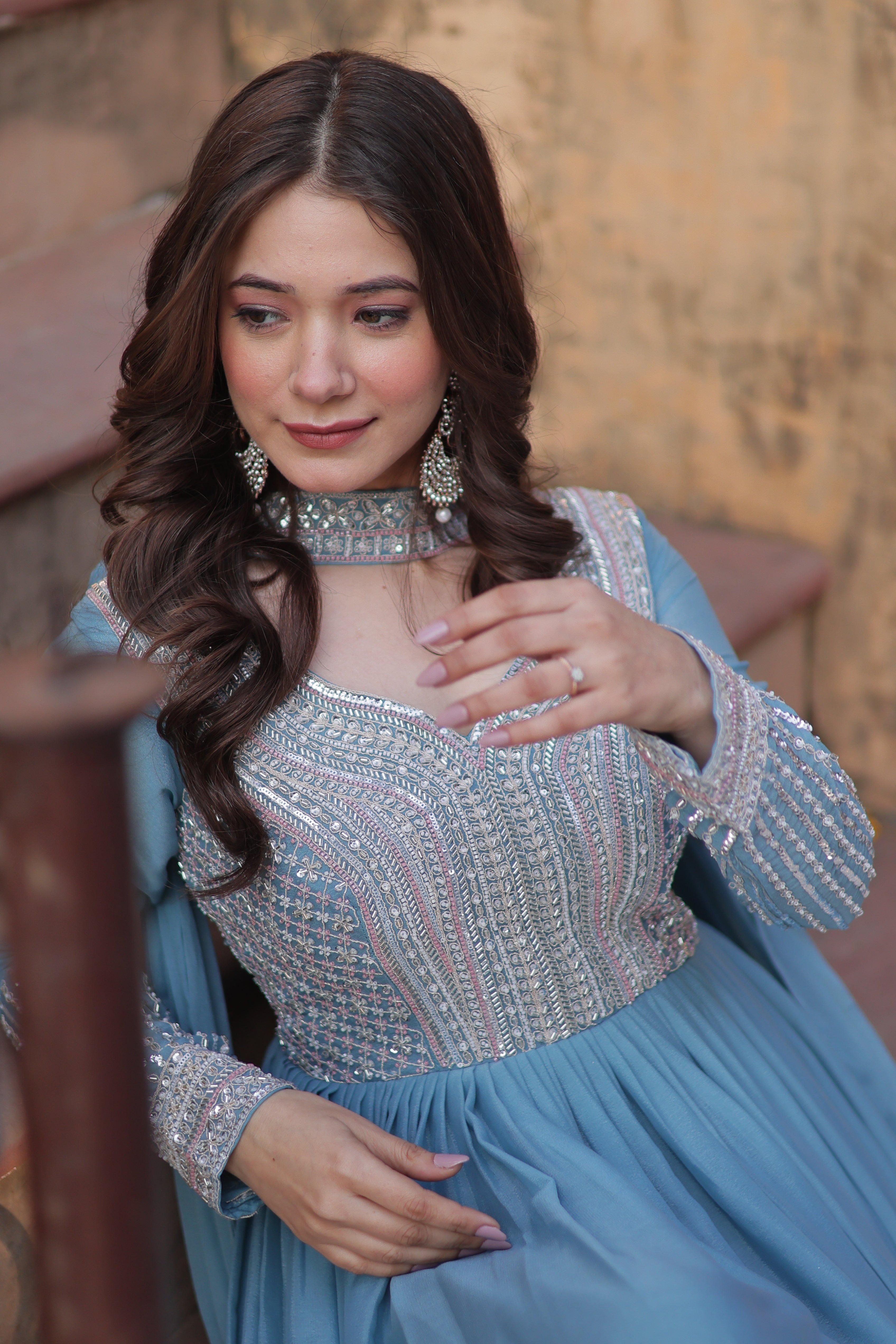 Women’s Sky Blue Georgette Gown – Elegant Designer Party Wear