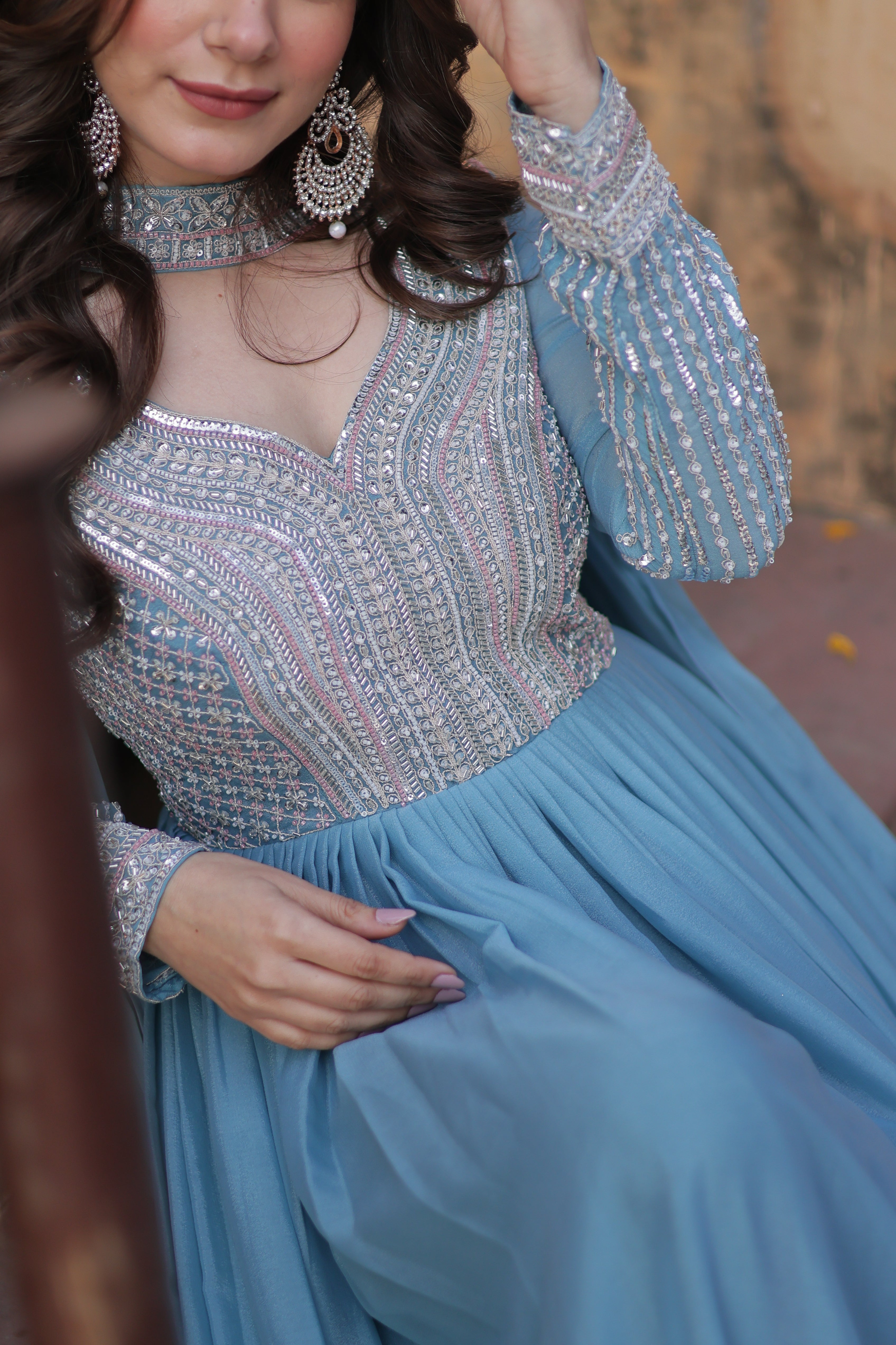 Women’s Sky Blue Georgette Gown – Elegant Designer Party Wear