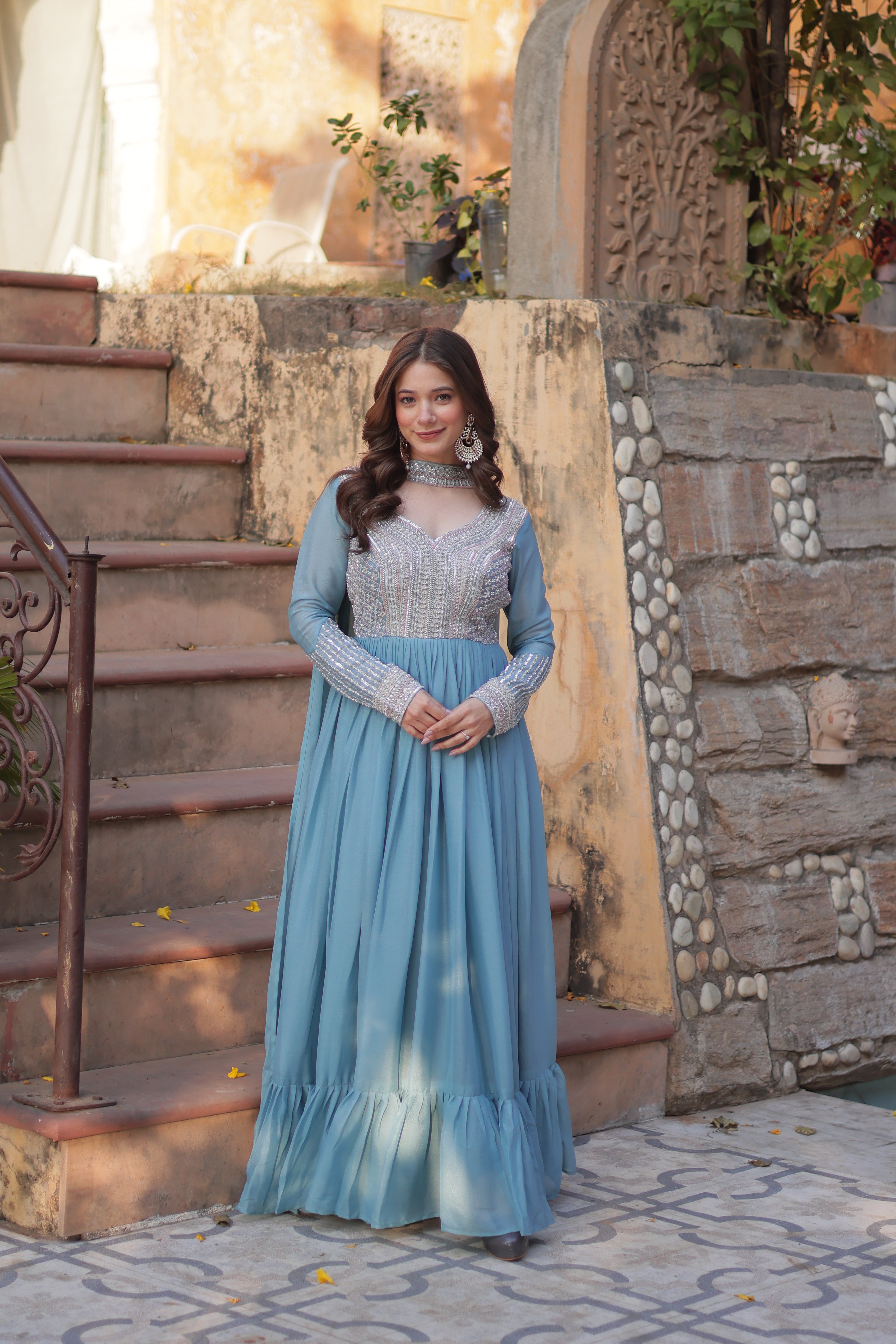 Women’s Sky Blue Georgette Gown – Elegant Designer Party Wear