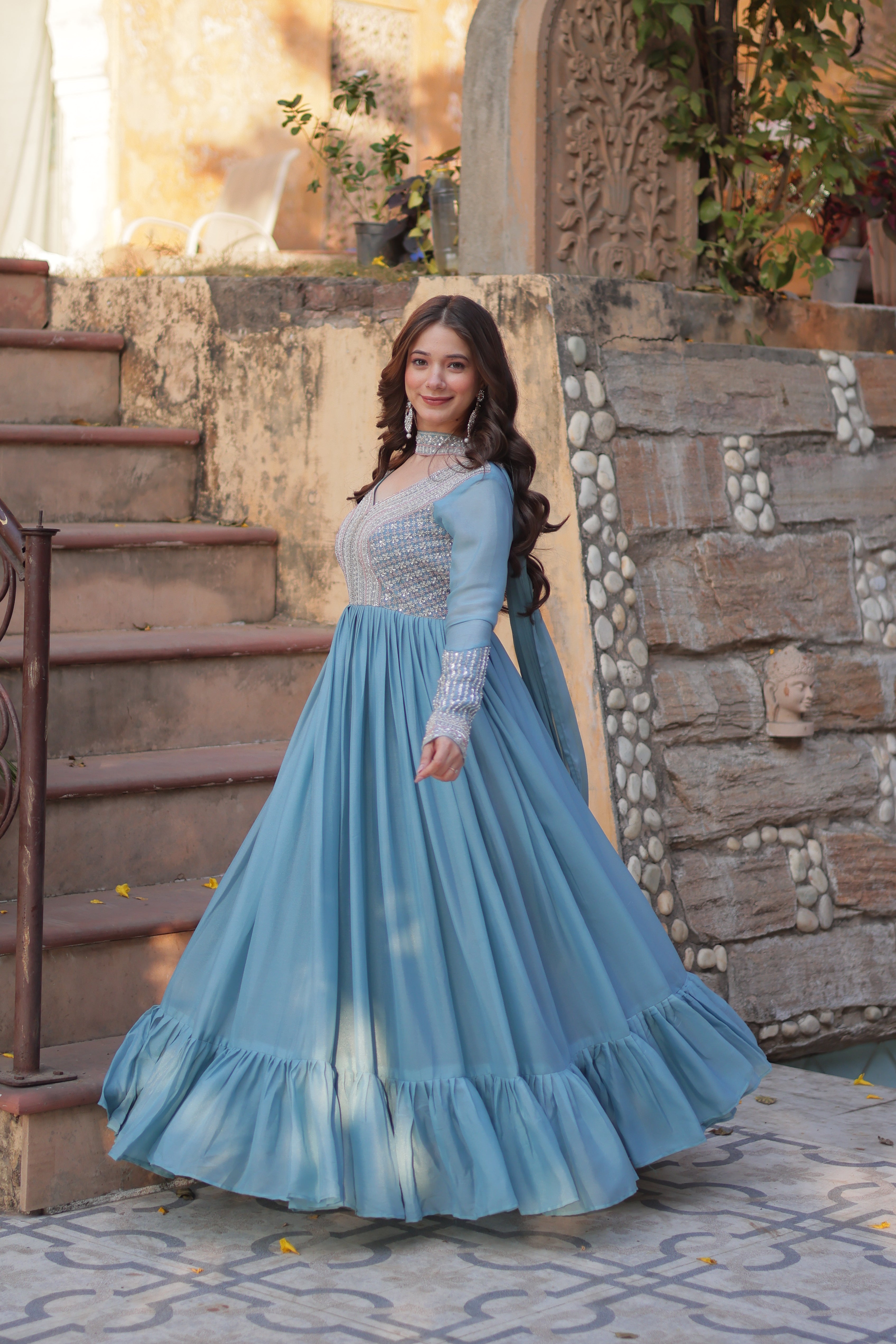 Women’s Sky Blue Georgette Gown – Elegant Designer Party Wear