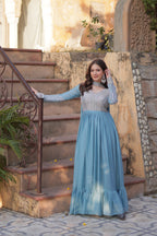 Women’s Sky Blue Georgette Gown – Elegant Designer Party Wear