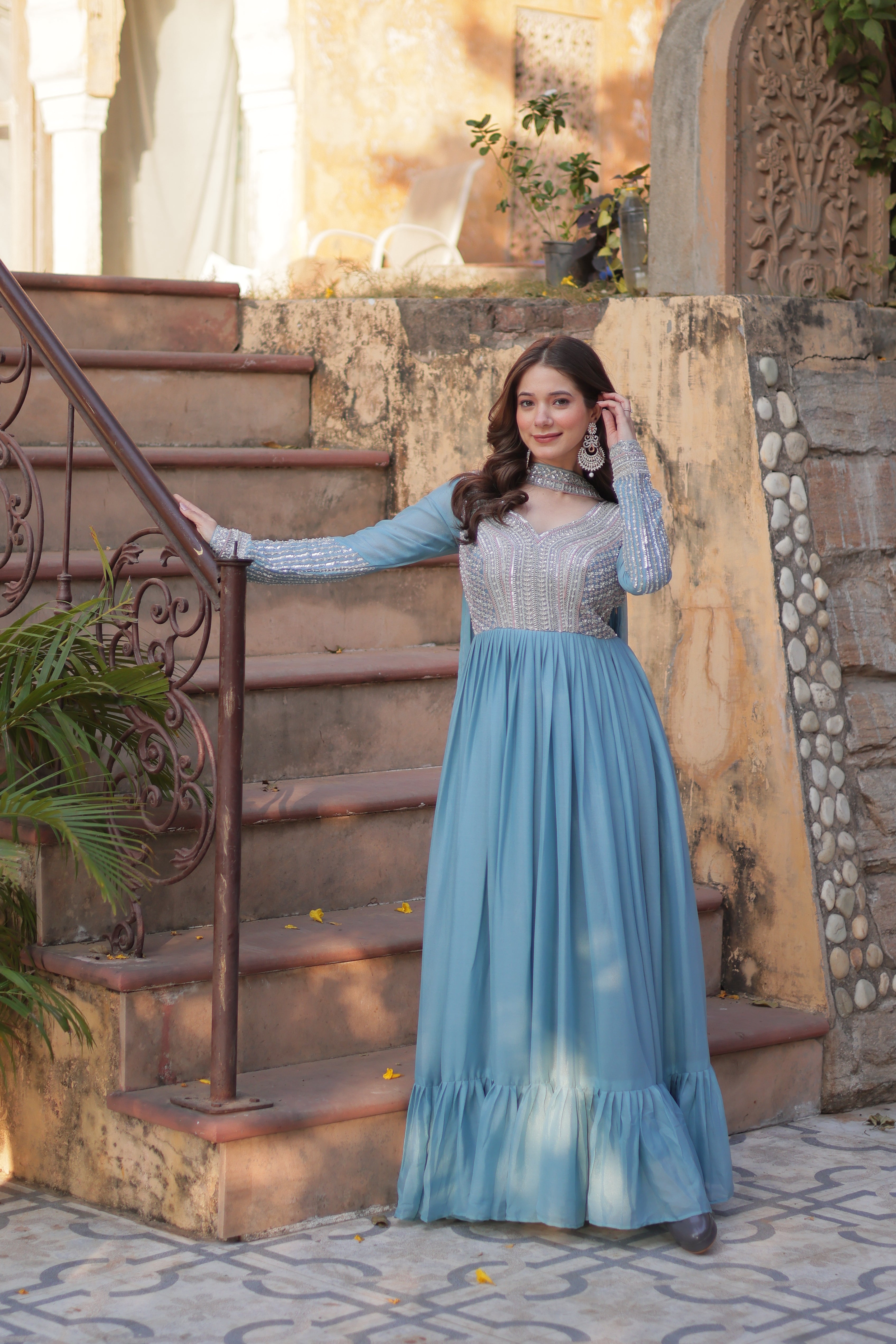 Women’s Sky Blue Georgette Gown – Elegant Designer Party Wear