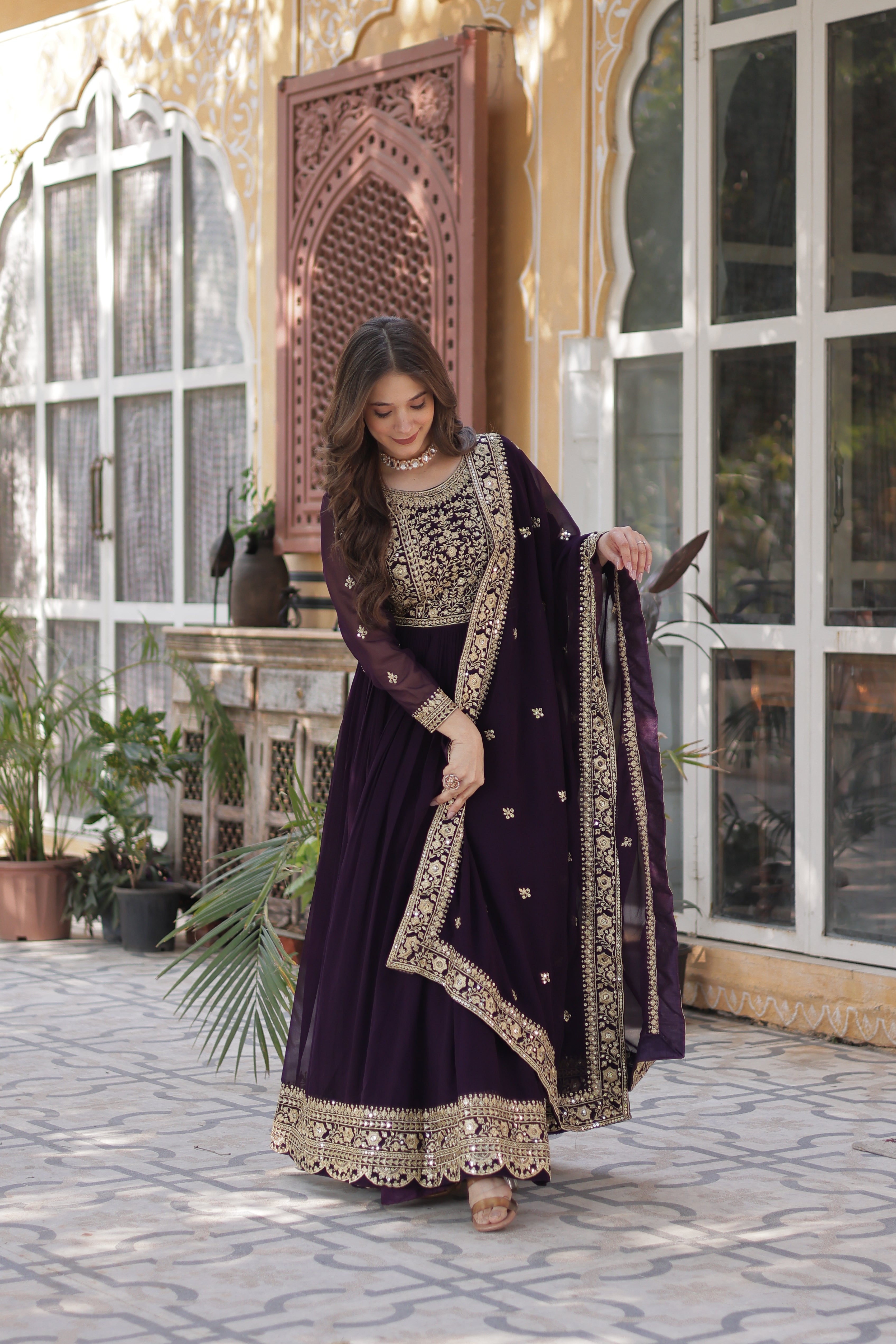Women’s Georgette Wine Gown – Elegant Designer Party Wear