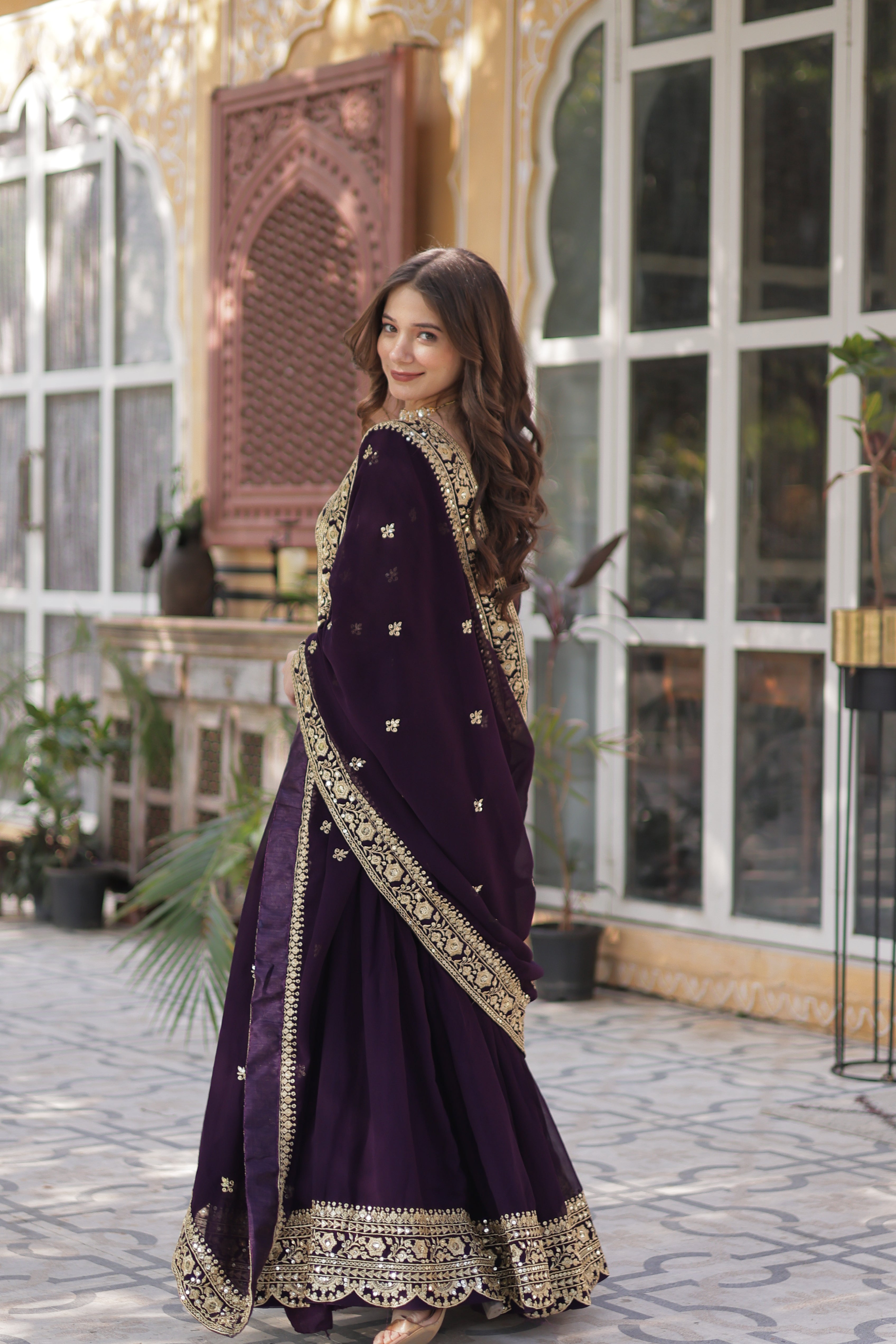 Women’s Georgette Wine Gown – Elegant Designer Party Wear