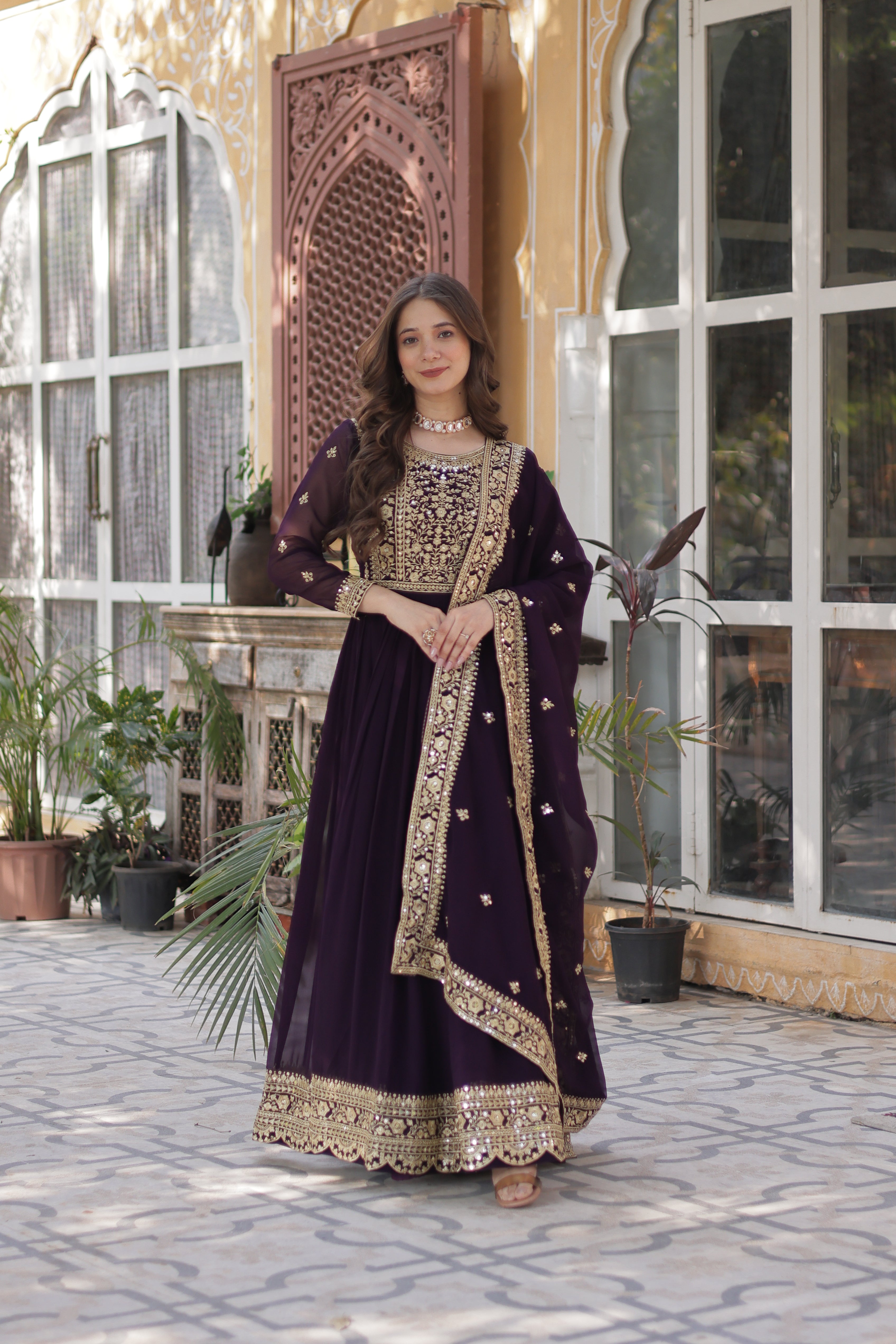 Women’s Georgette Wine Gown – Elegant Designer Party Wear