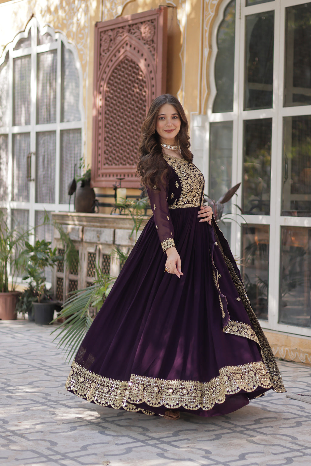 Women’s Georgette Wine Gown – Elegant Designer Party Wear