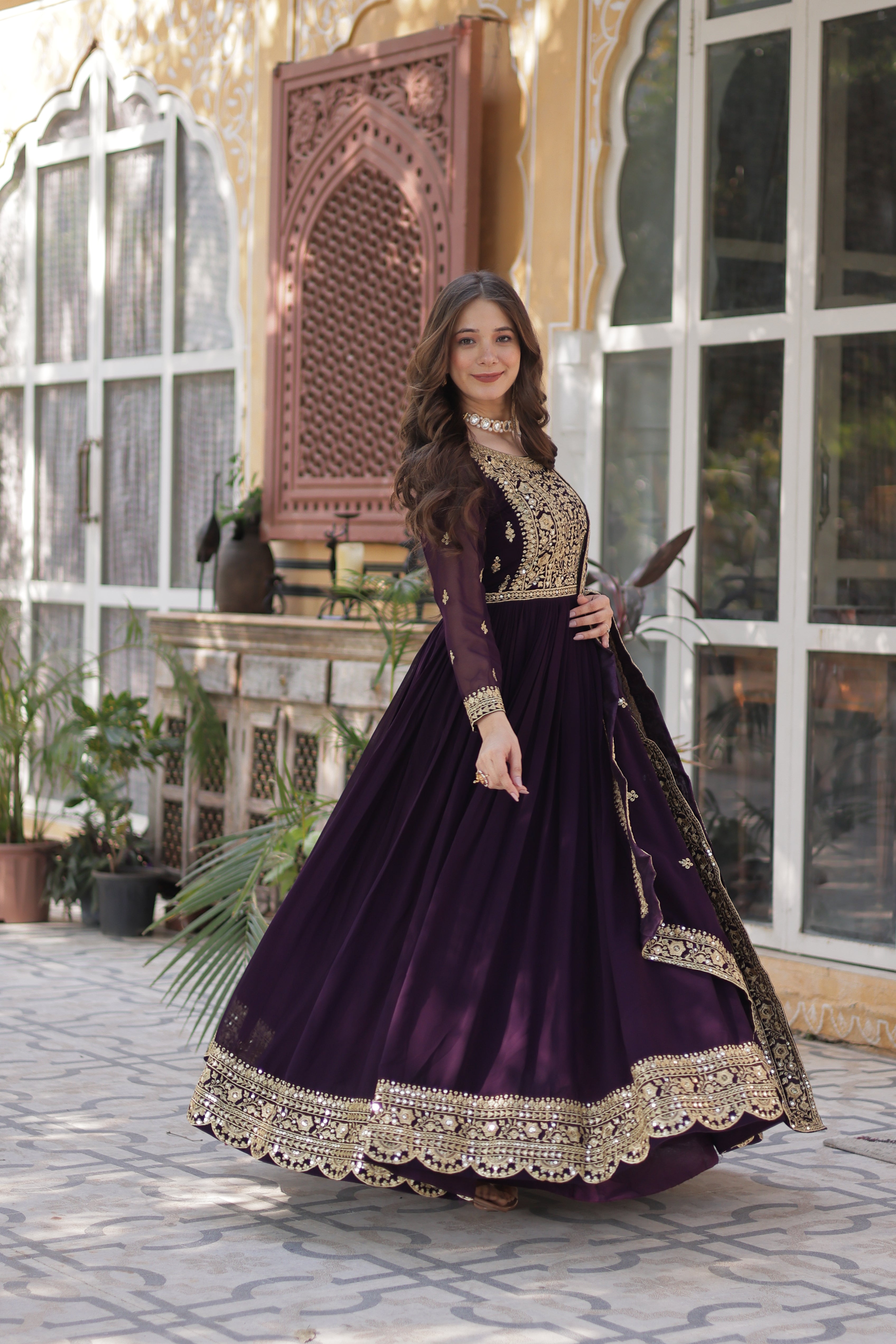Women’s Georgette Wine Gown – Elegant Designer Party Wear