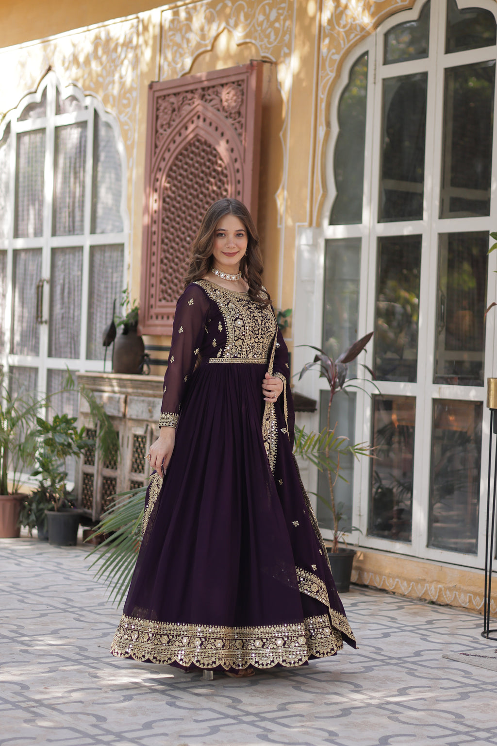 Women’s Georgette Wine Gown – Elegant Designer Party Wear