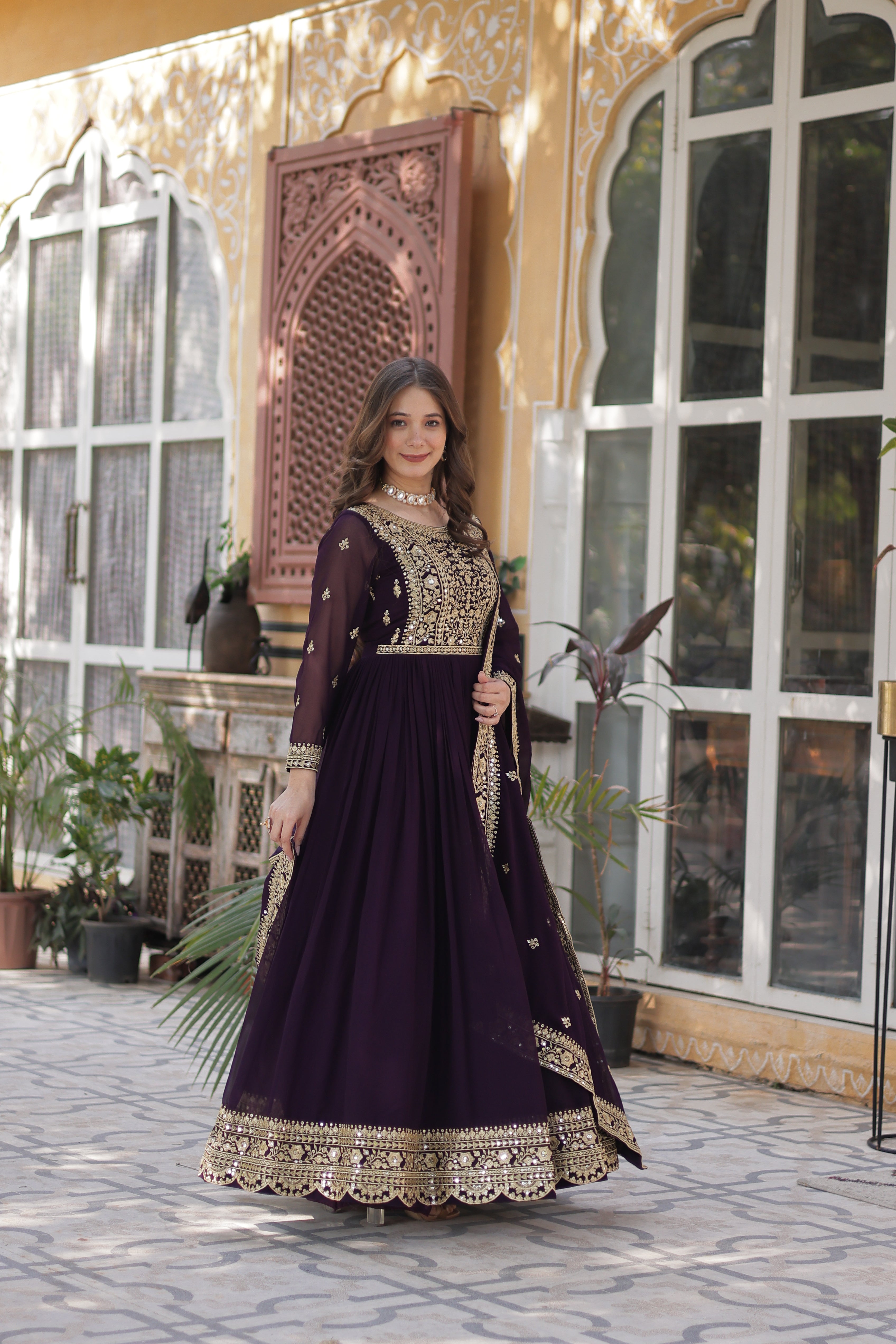 Women’s Georgette Wine Gown – Elegant Designer Party Wear