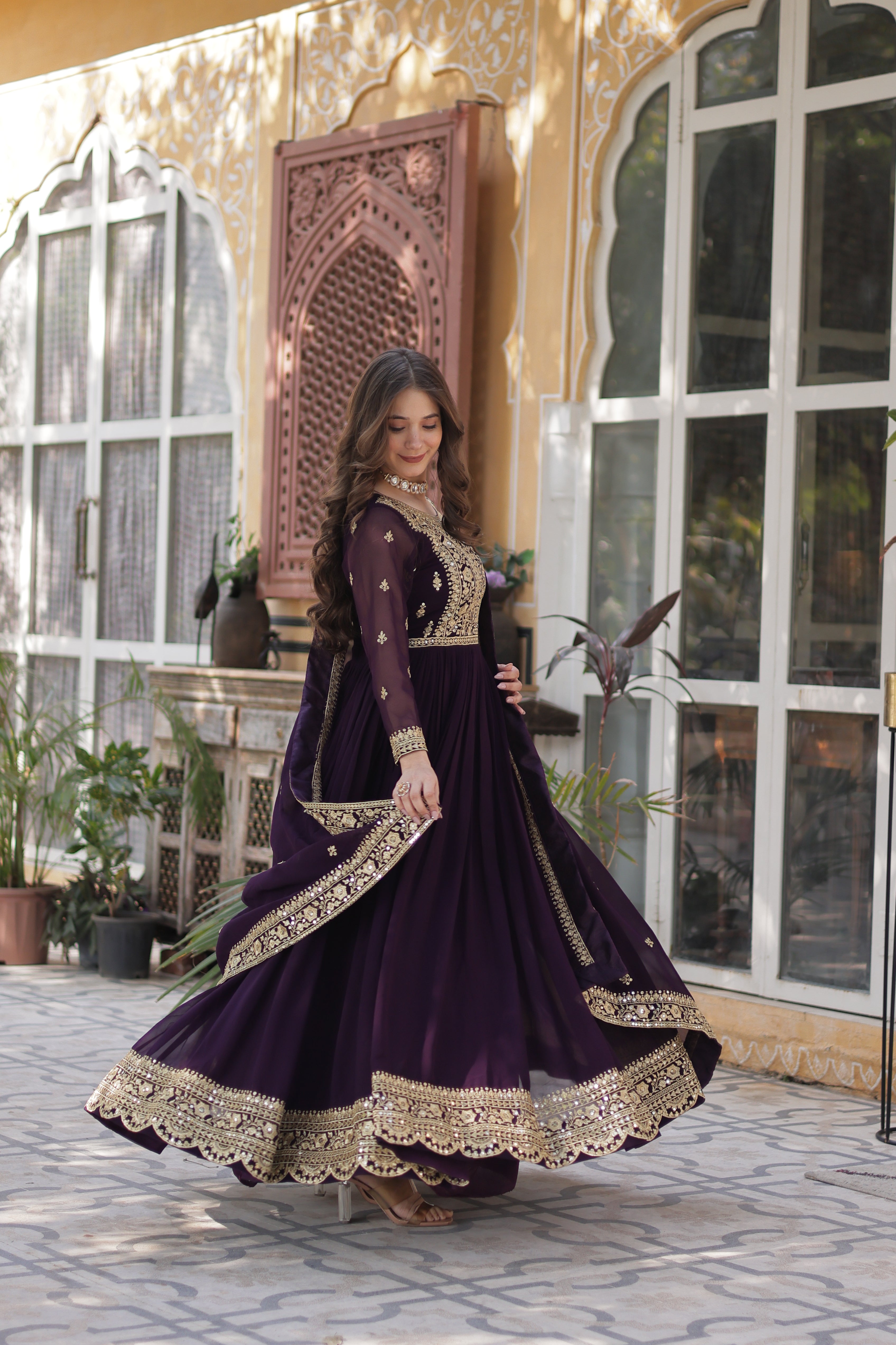 Women’s Georgette Wine Gown – Elegant Designer Party Wear