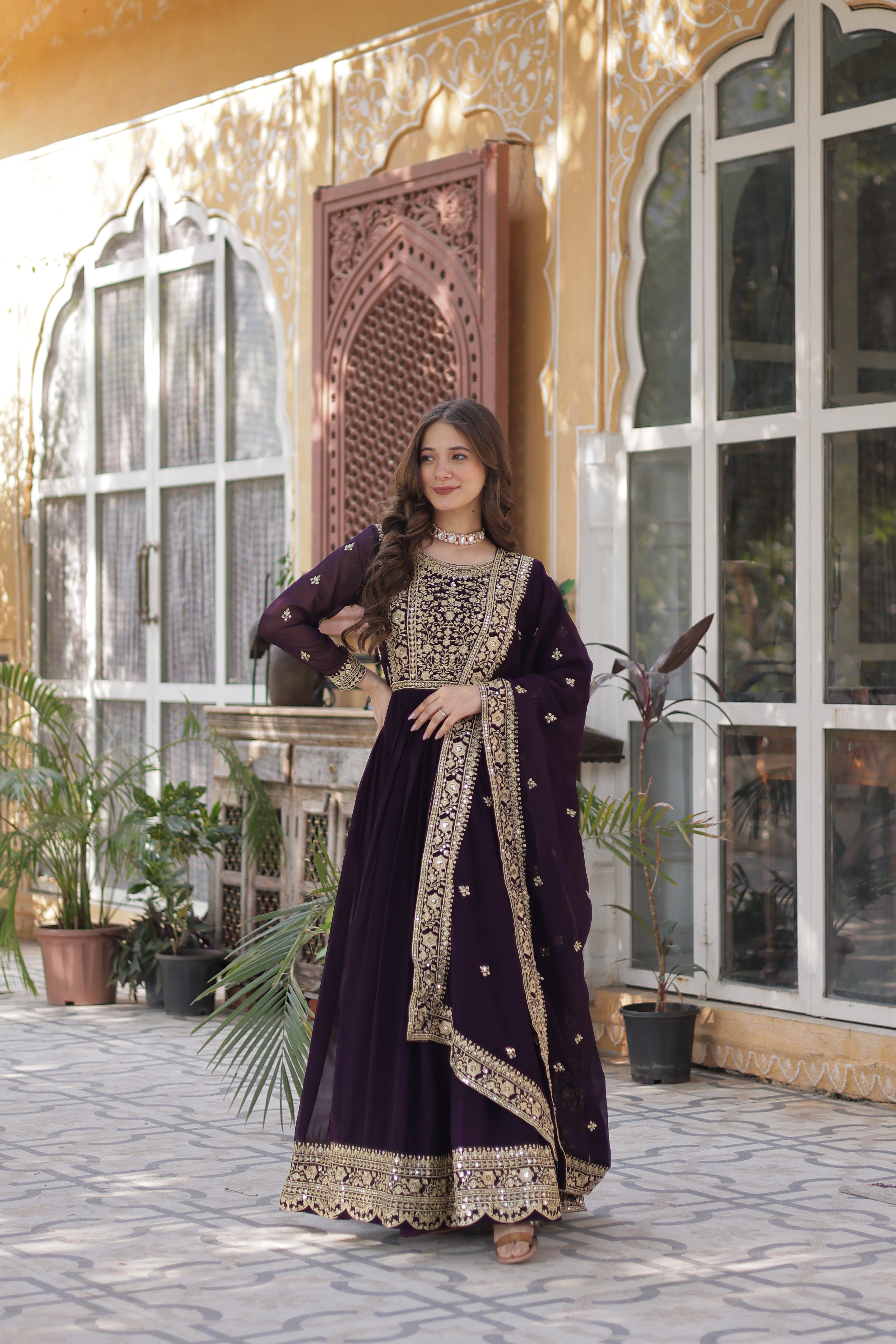 Women’s Georgette Wine Gown – Elegant Designer Party Wear
