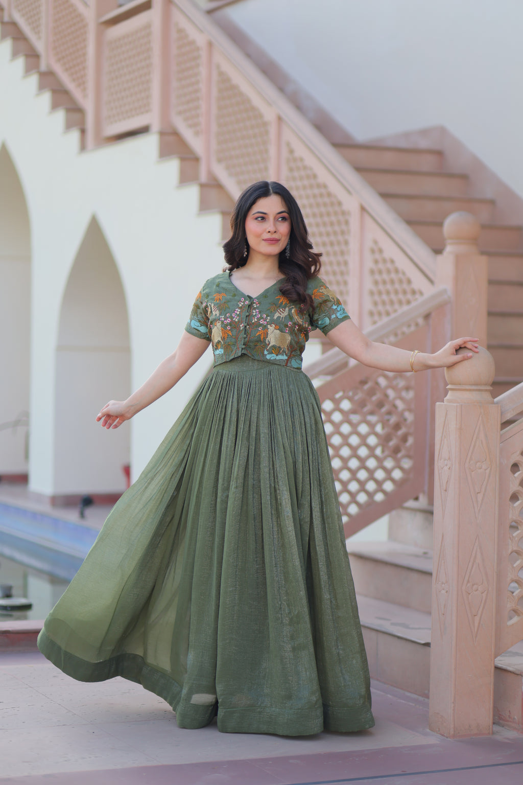 Women’s Green Georgette Gown – Elegant Designer Party Wear