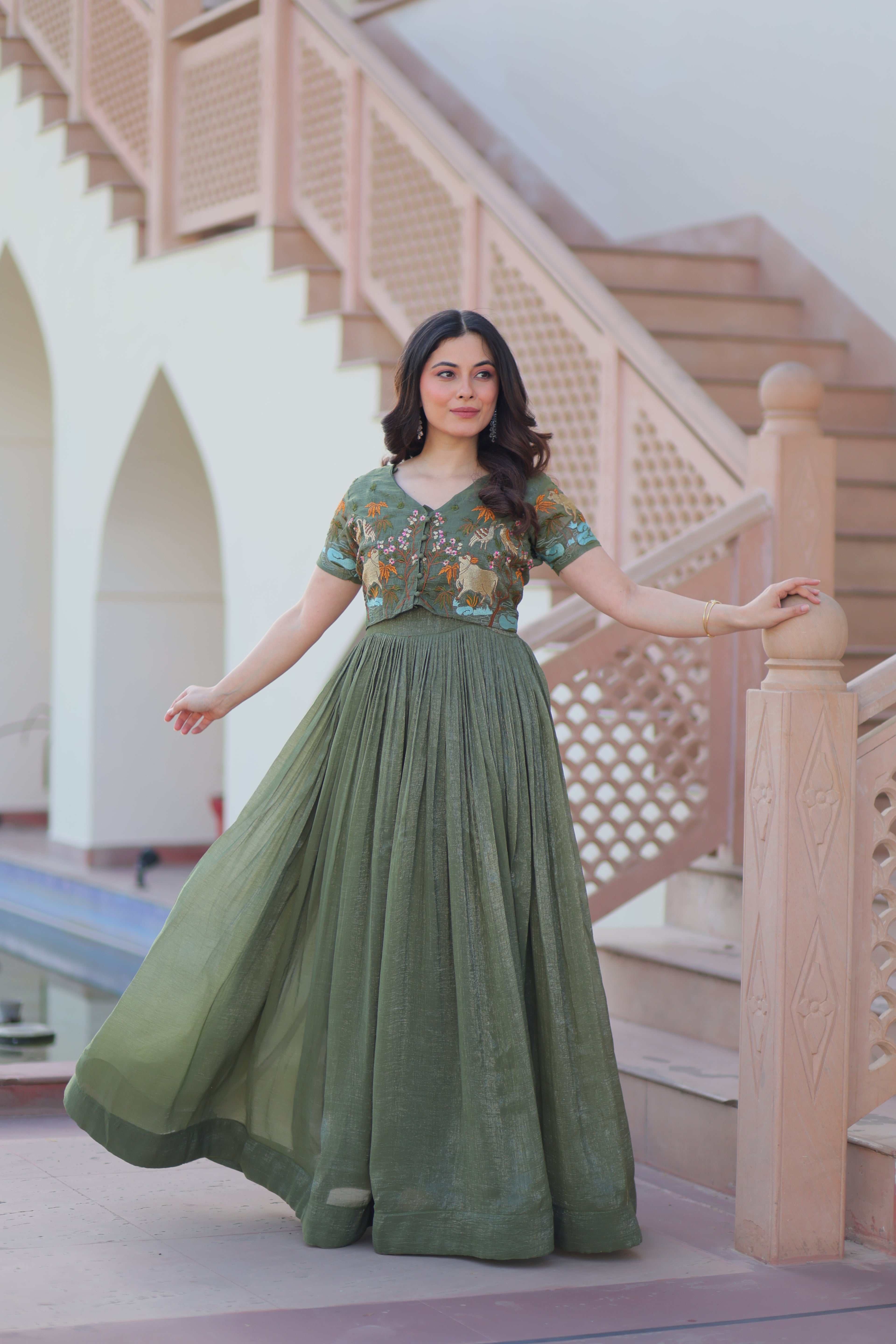 Women’s Green Georgette Gown – Elegant Designer Party Wear