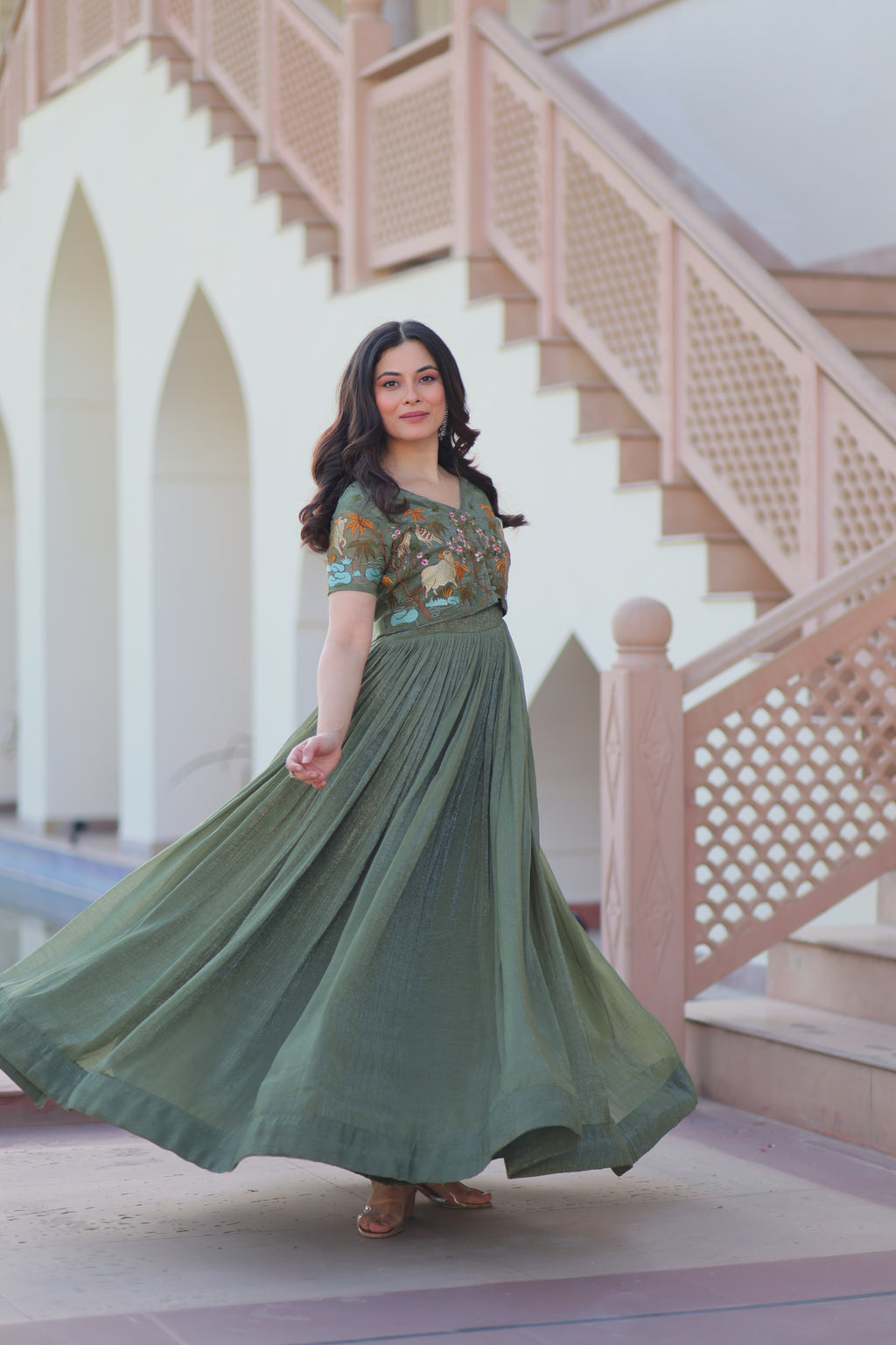 Women’s Green Georgette Gown – Elegant Designer Party Wear