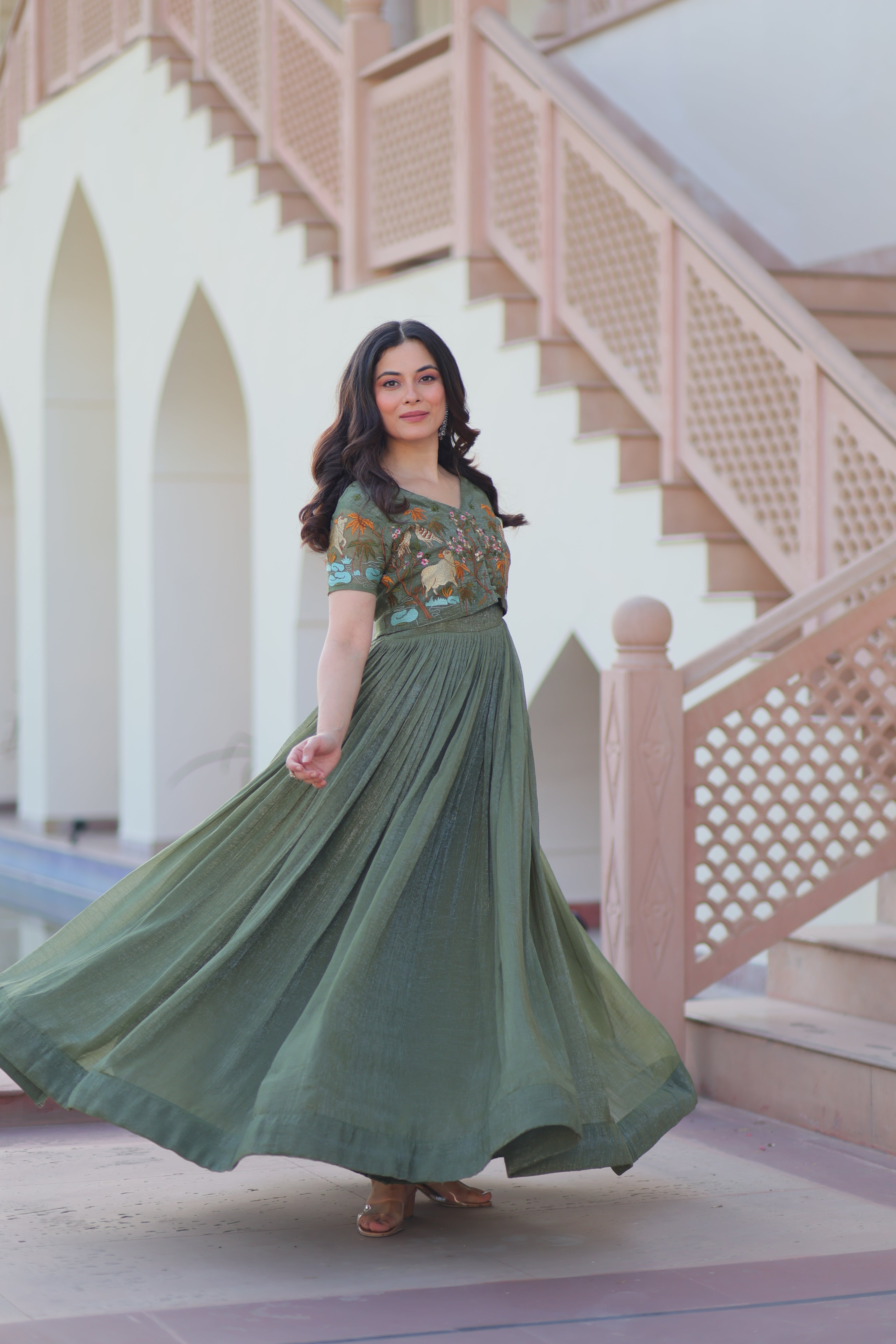 Women’s Green Georgette Gown – Elegant Designer Party Wear