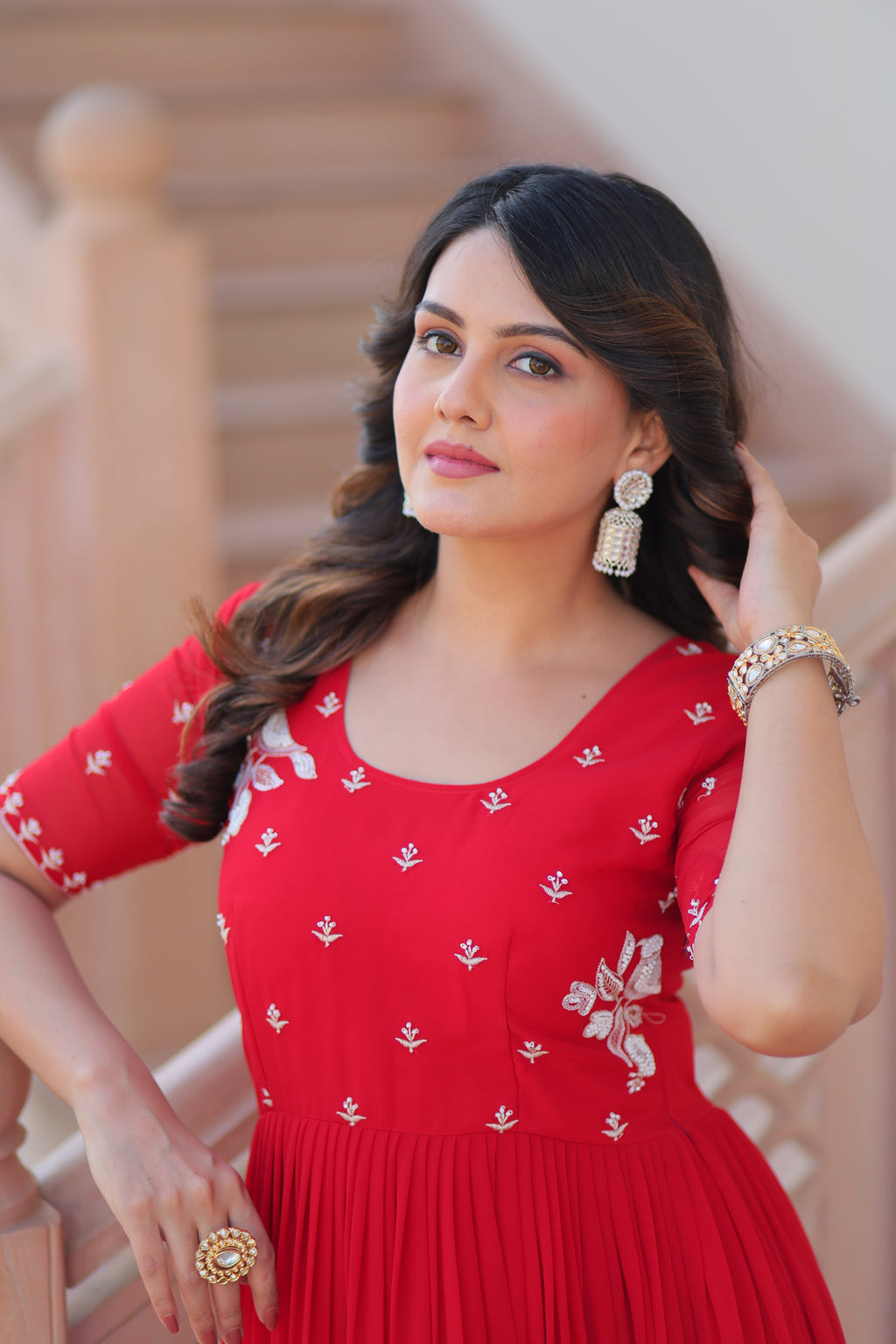 Women’s Red Georgette Gown – Elegant Designer Party Wear