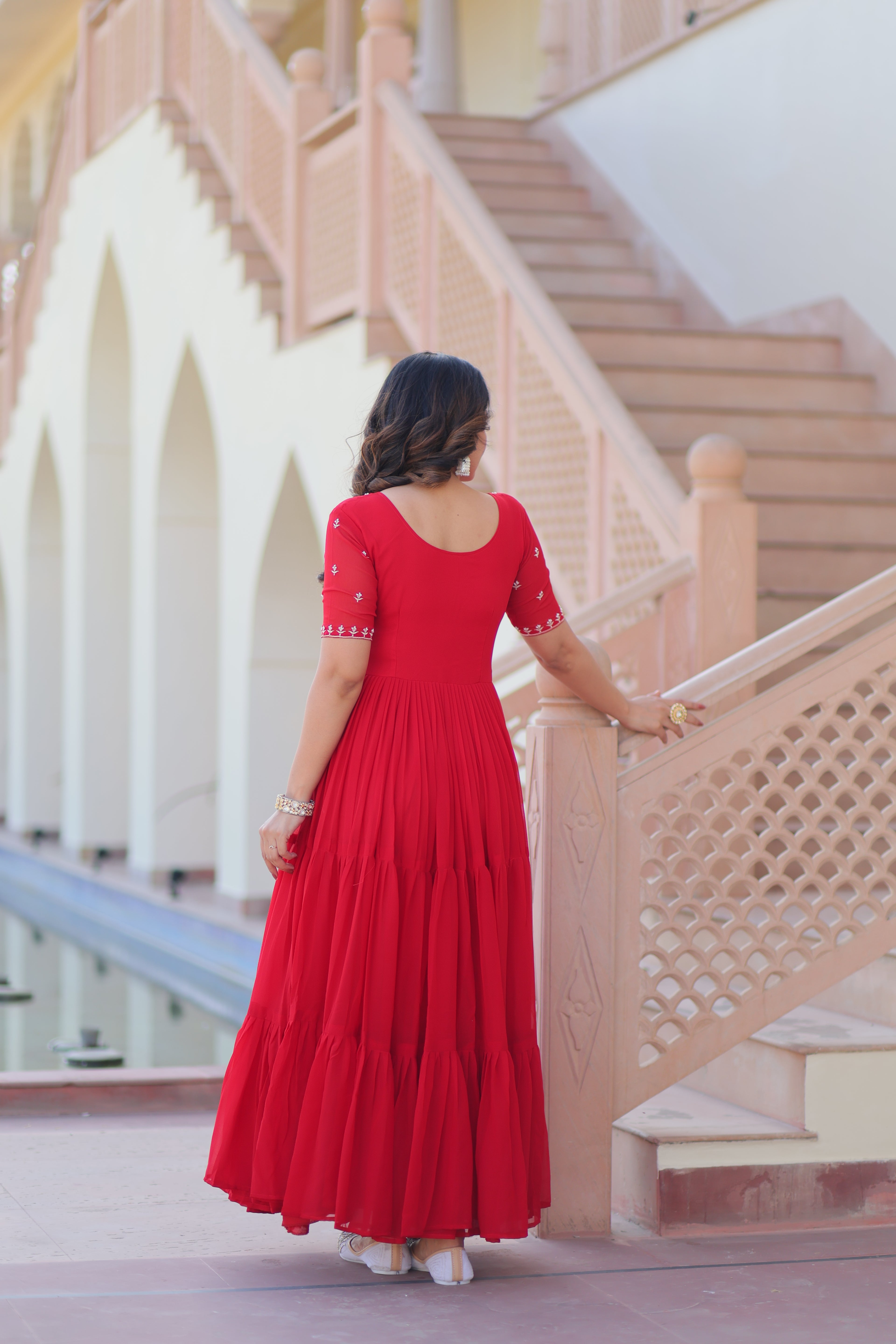 Women’s Red Georgette Gown – Elegant Designer Party Wear