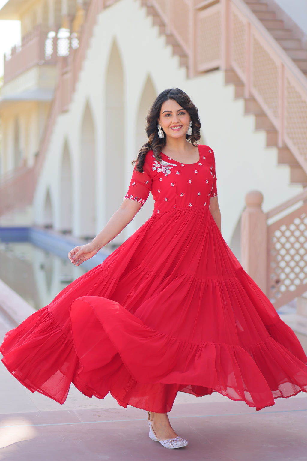 Women’s Red Georgette Gown – Elegant Designer Party Wear