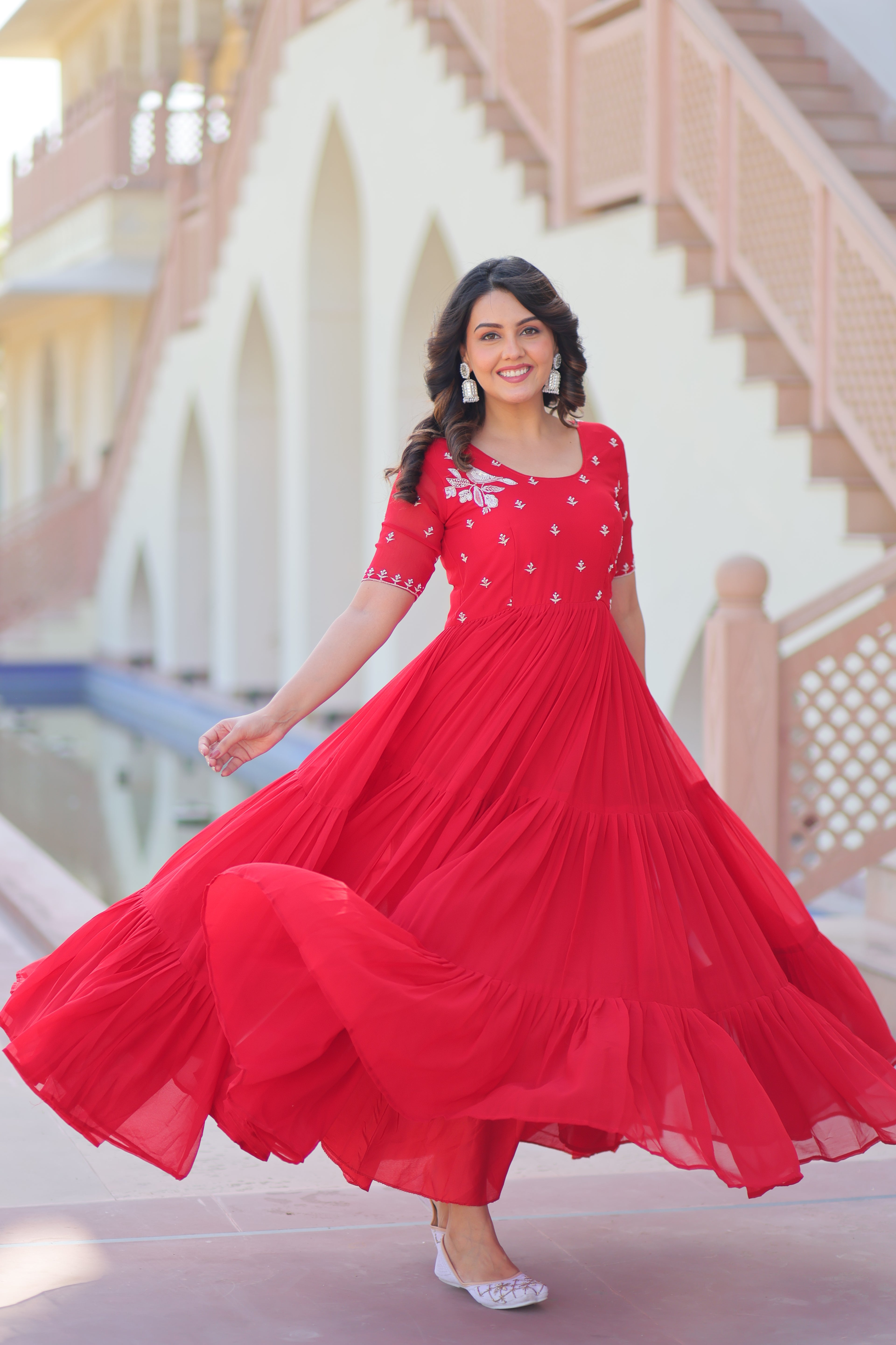 Women’s Red Georgette Gown – Elegant Designer Party Wear
