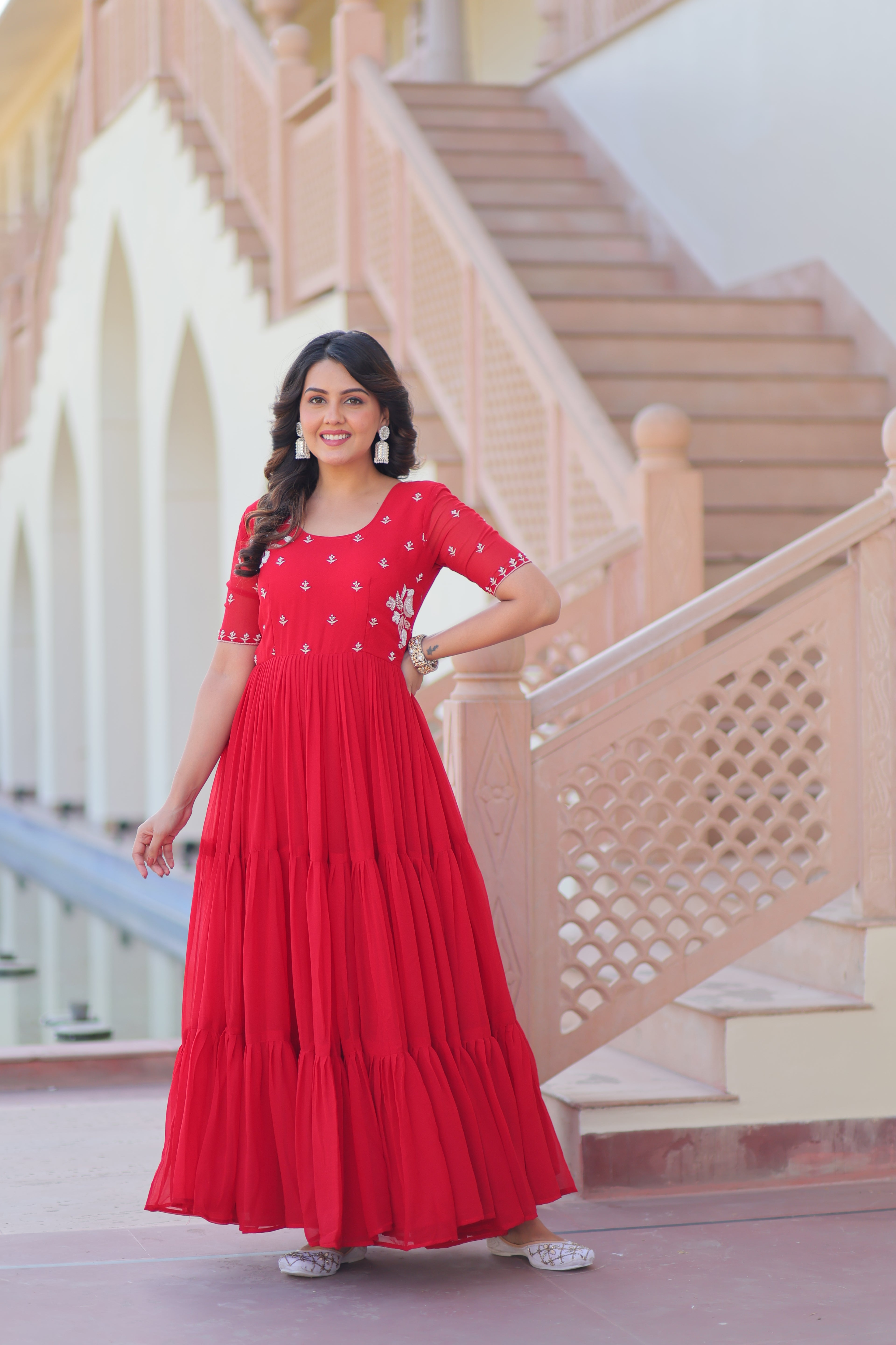 Women’s Red Georgette Gown – Elegant Designer Party Wear
