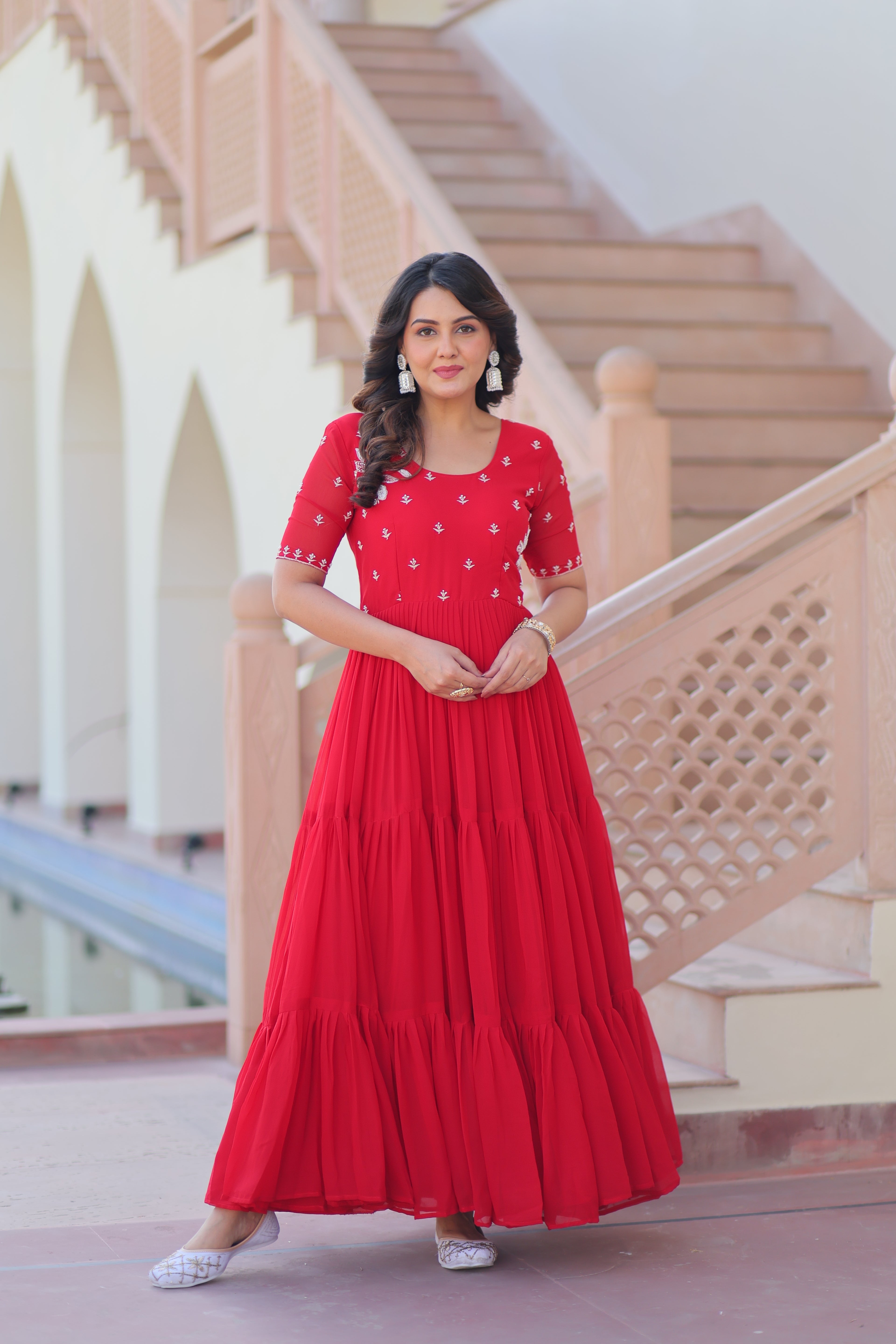 Women’s Red Georgette Gown – Elegant Designer Party Wear