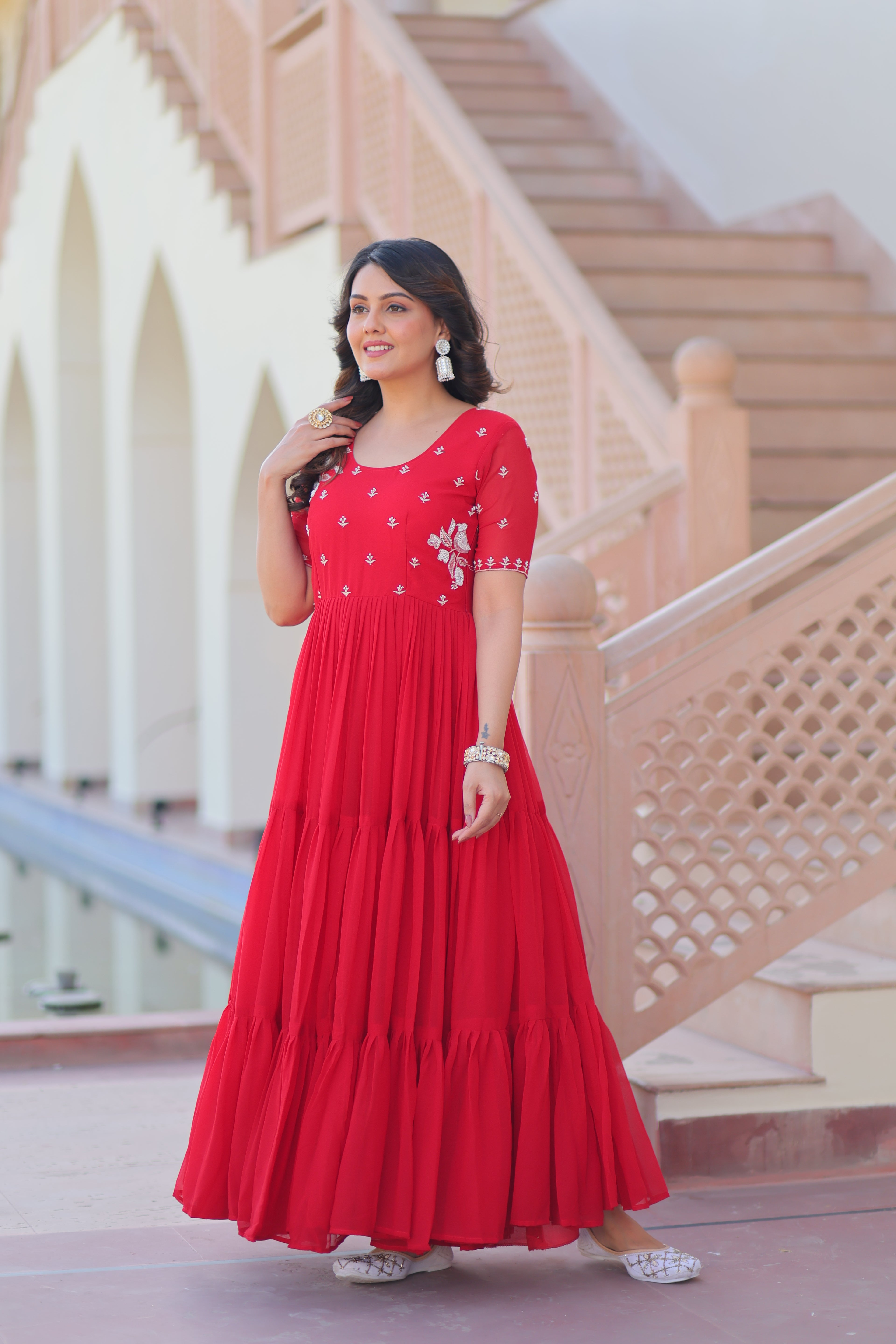 Women’s Red Georgette Gown – Elegant Designer Party Wear
