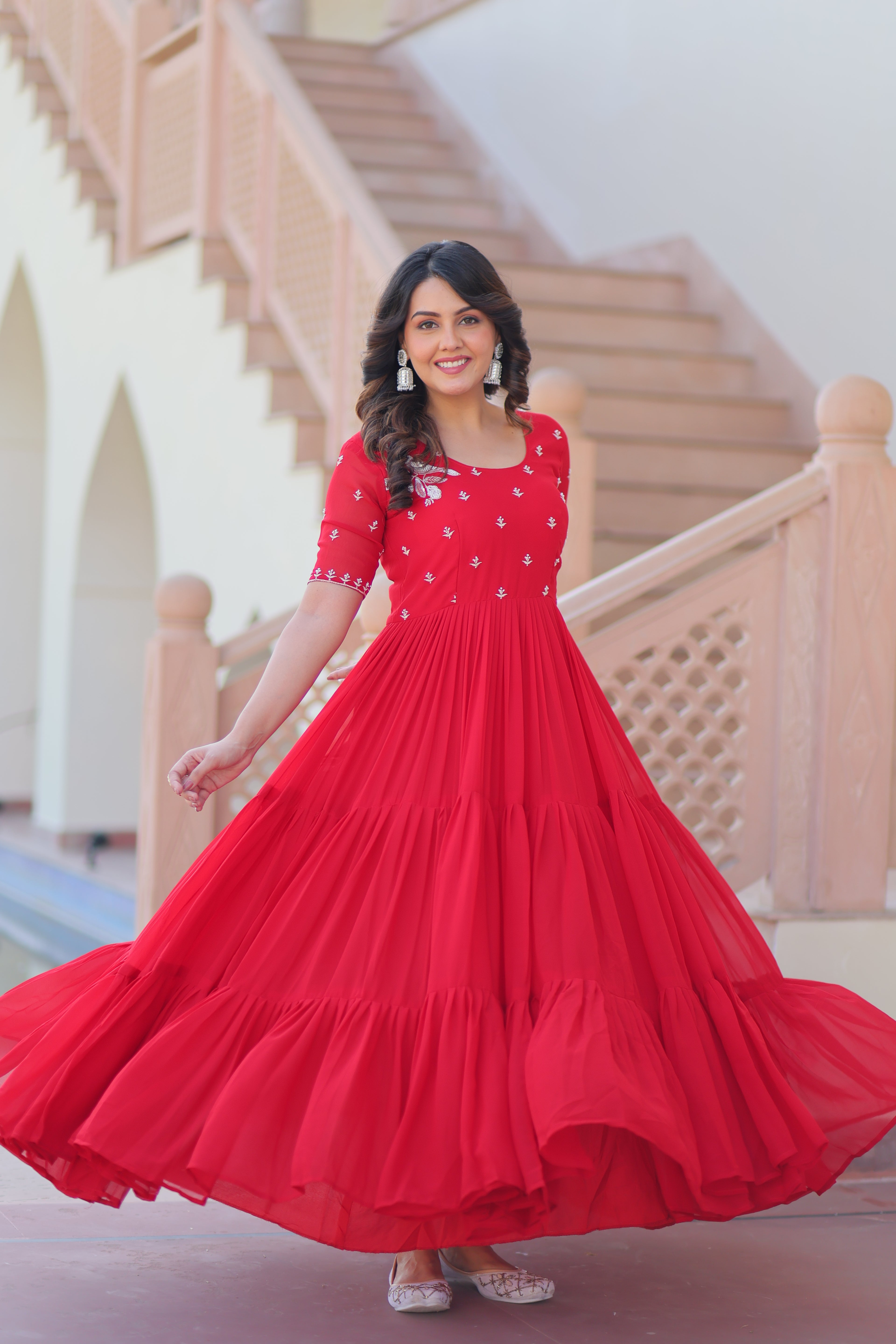 Women’s Red Georgette Gown – Elegant Designer Party Wear