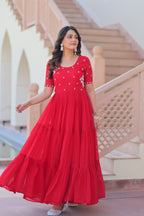 Women’s Red Georgette Gown – Elegant Designer Party Wear