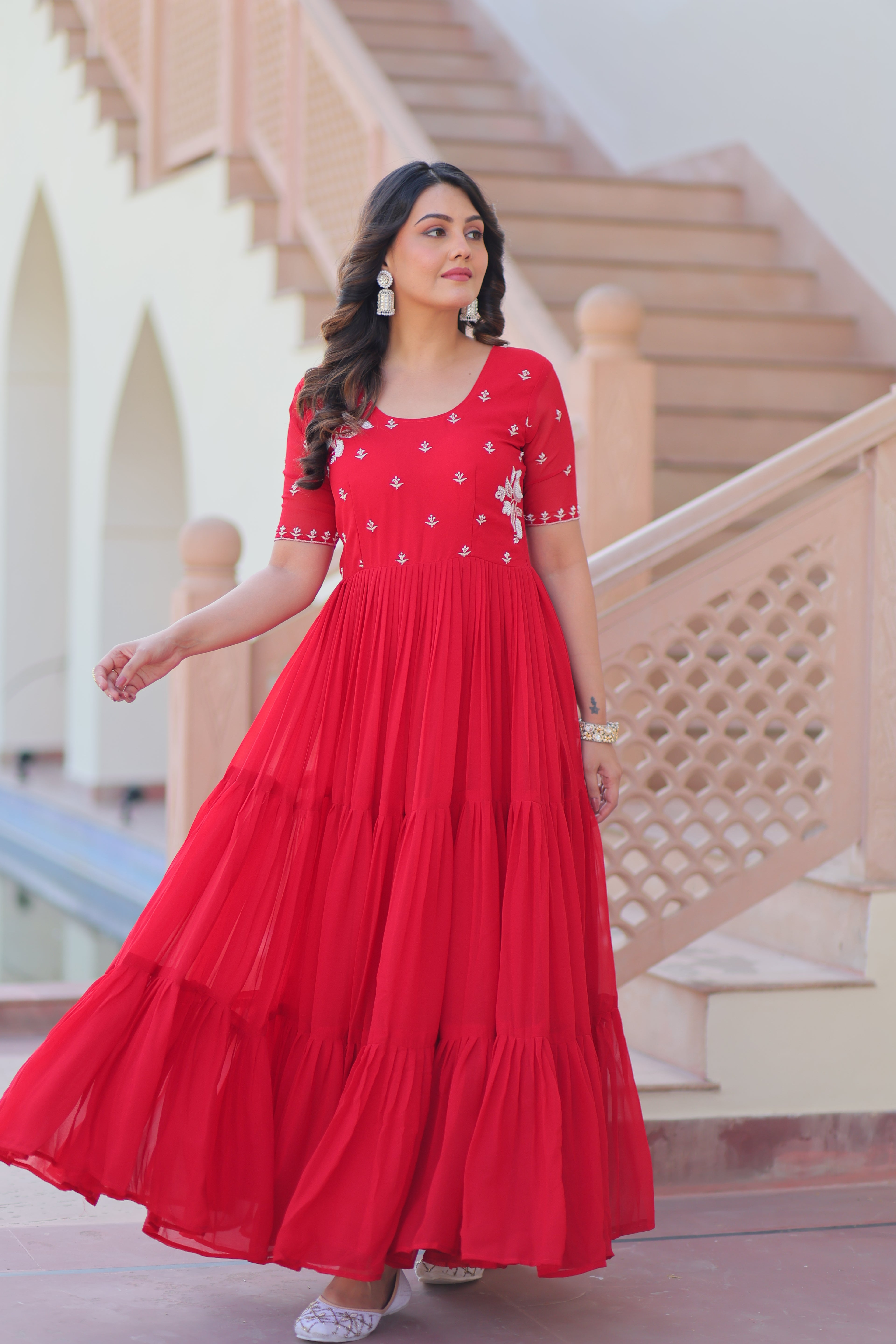 Women’s Red Georgette Gown – Elegant Designer Party Wear