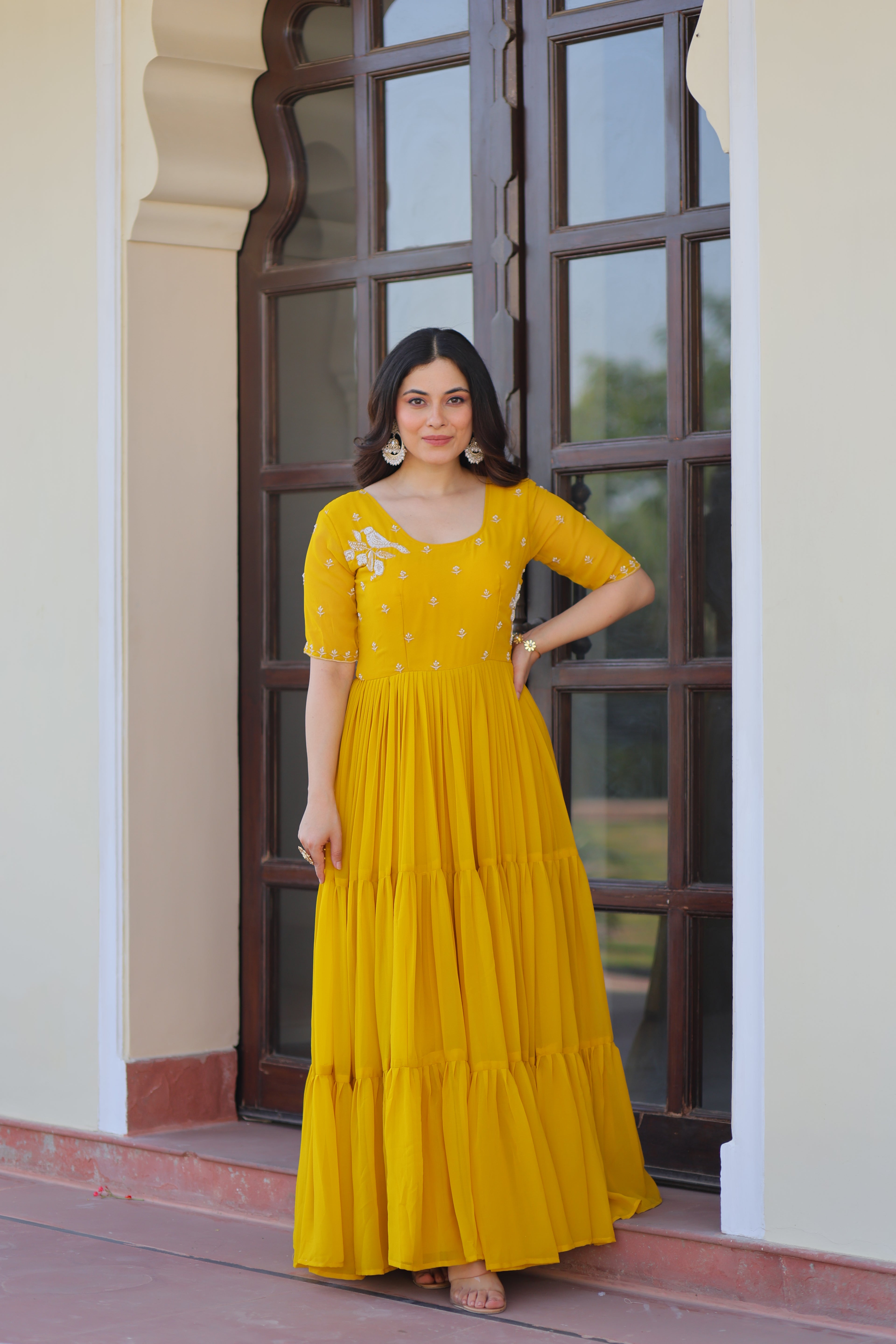 Women’s Yellow Georgette Gown – Elegant Designer Party Wear