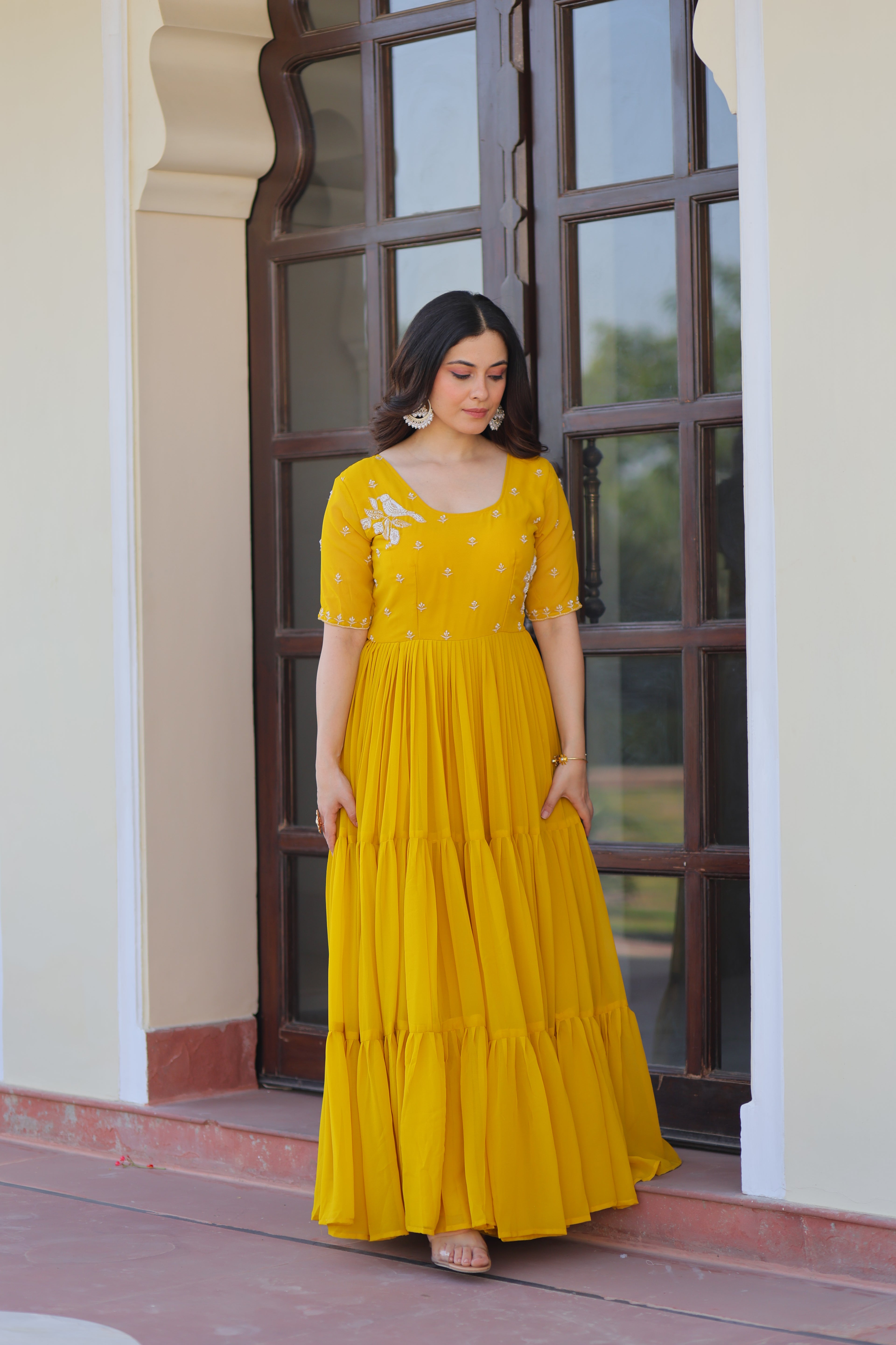 Women’s Yellow Georgette Gown – Elegant Designer Party Wear