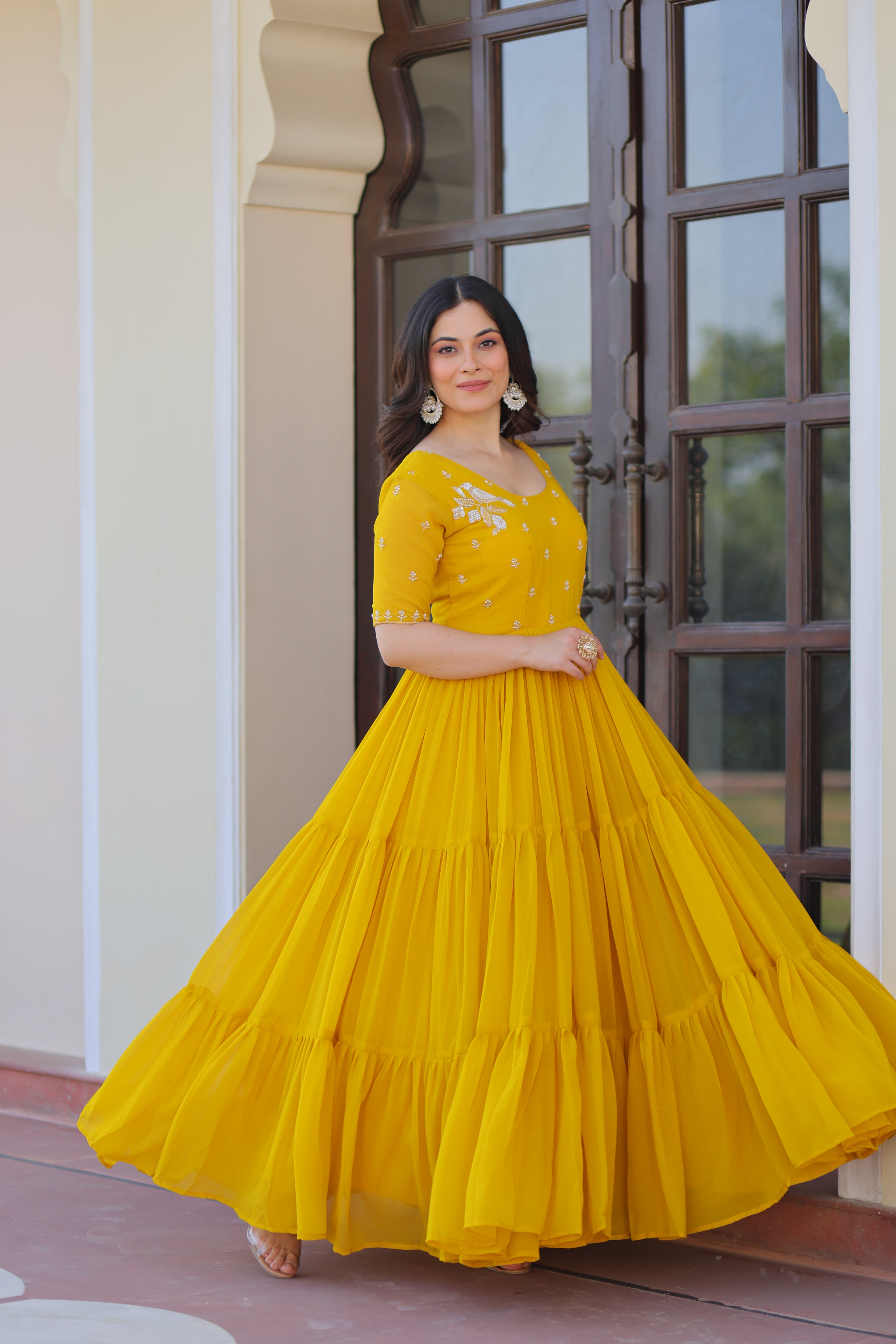 Women’s Yellow Georgette Gown – Elegant Designer Party Wear