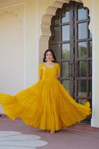 Women’s Yellow Georgette Gown – Elegant Designer Party Wear