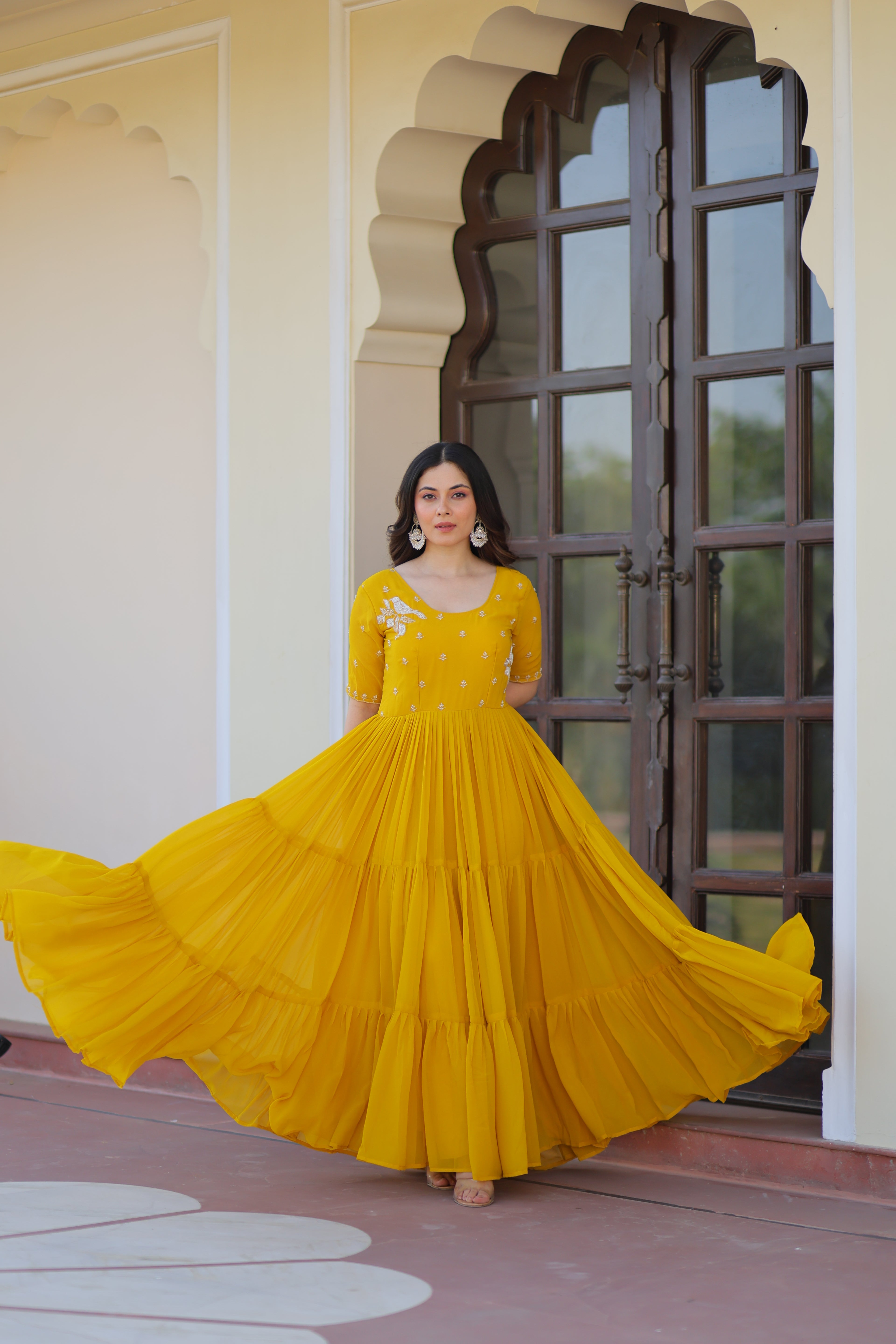 Women’s Yellow Georgette Gown – Elegant Designer Party Wear