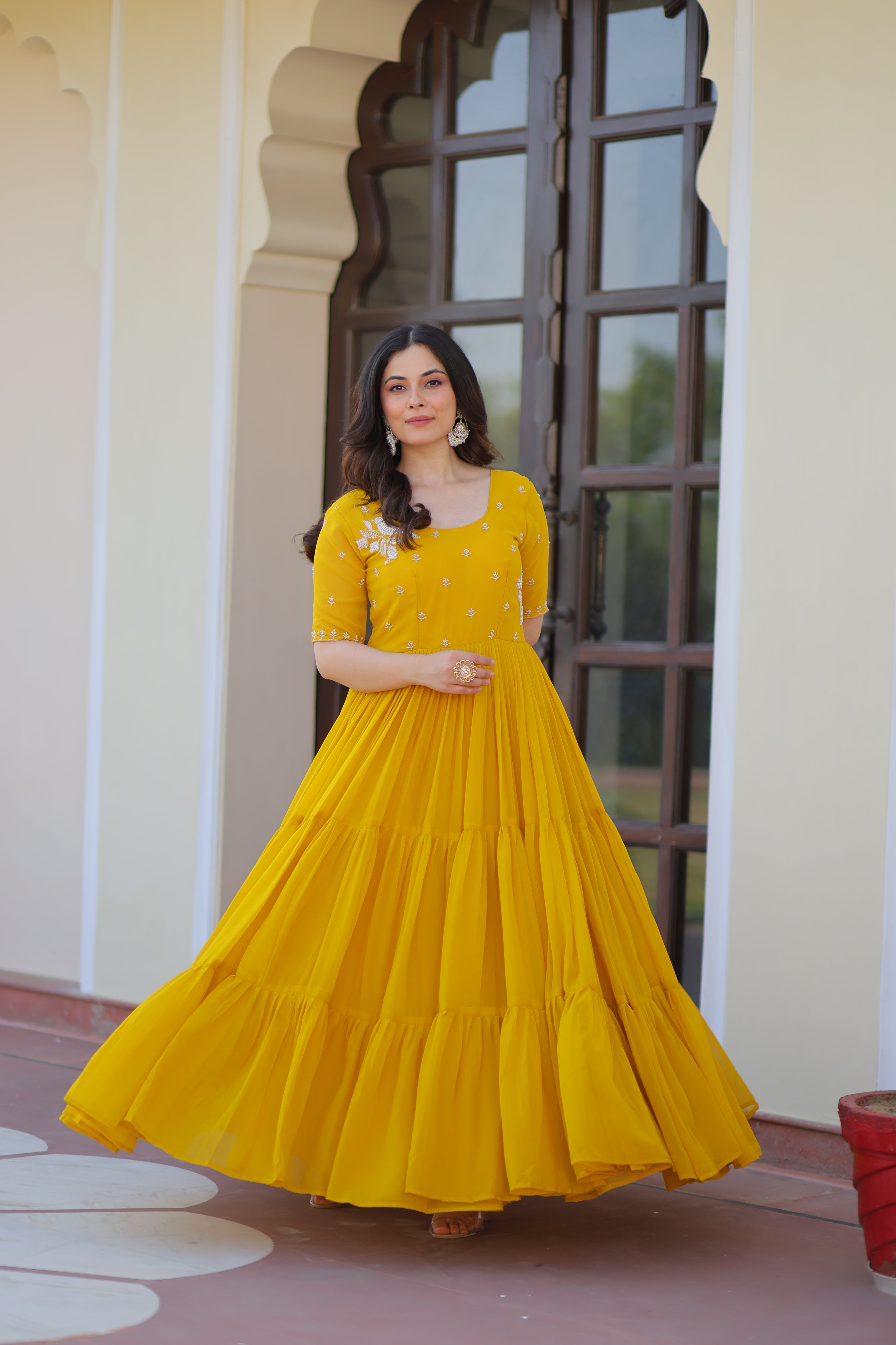 Women’s Yellow Georgette Gown – Elegant Designer Party Wear