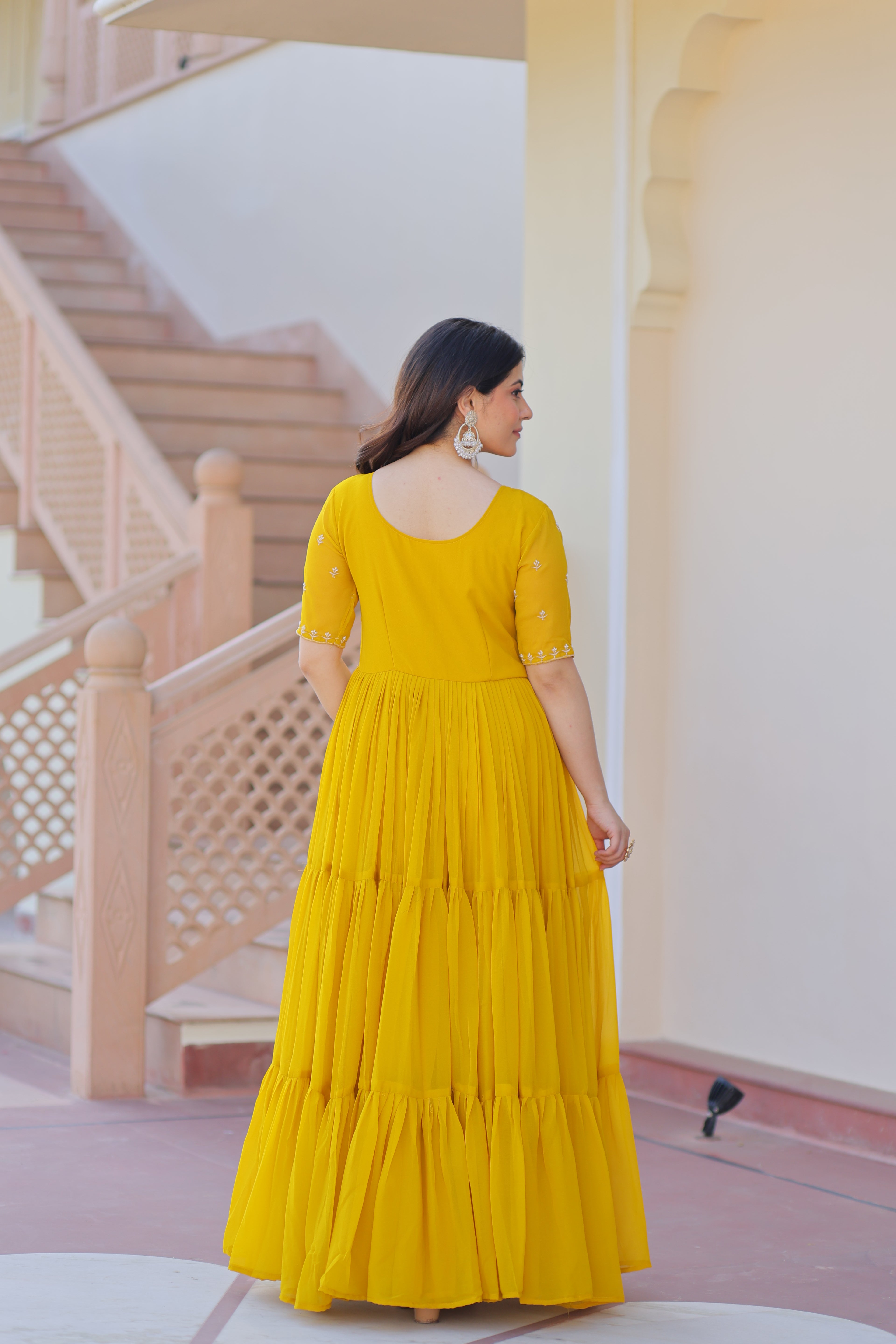 Women’s Yellow Georgette Gown – Elegant Designer Party Wear