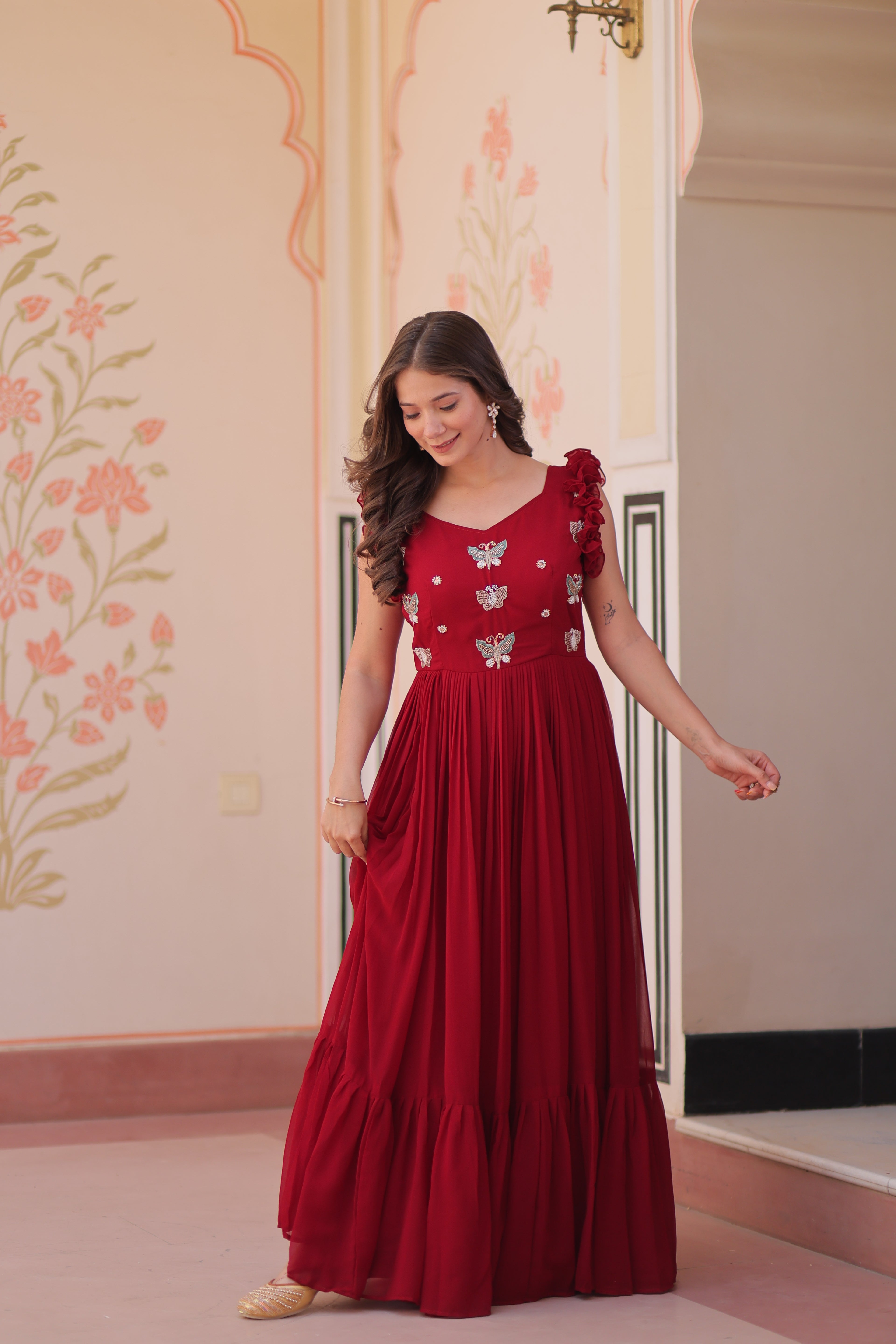 Women’s Maroon Georgette Gown – Elegant Designer Party Wear